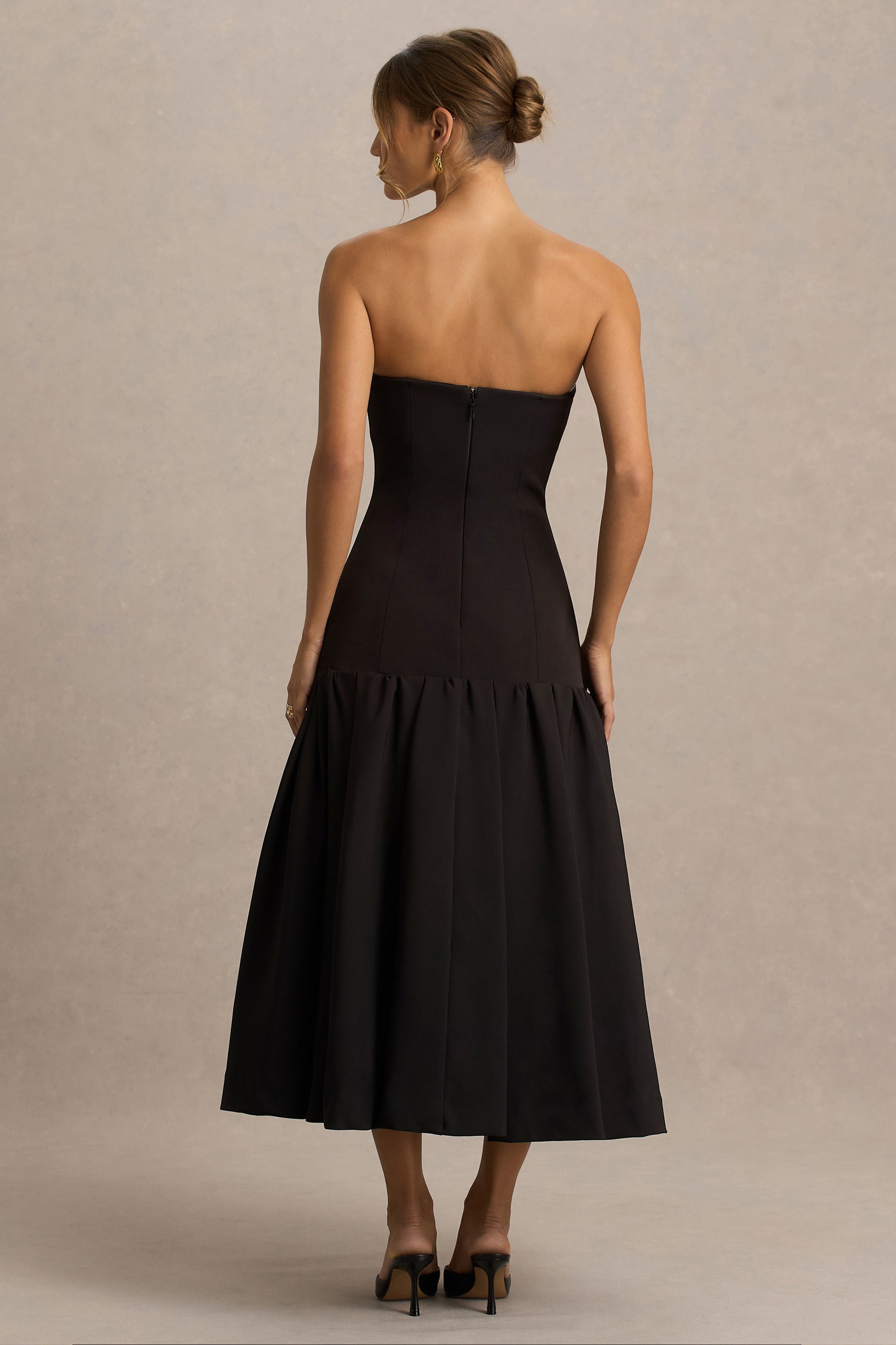 Briella | Black Bandeau Midi Dress With Gold-Button Detailing-Sowoom