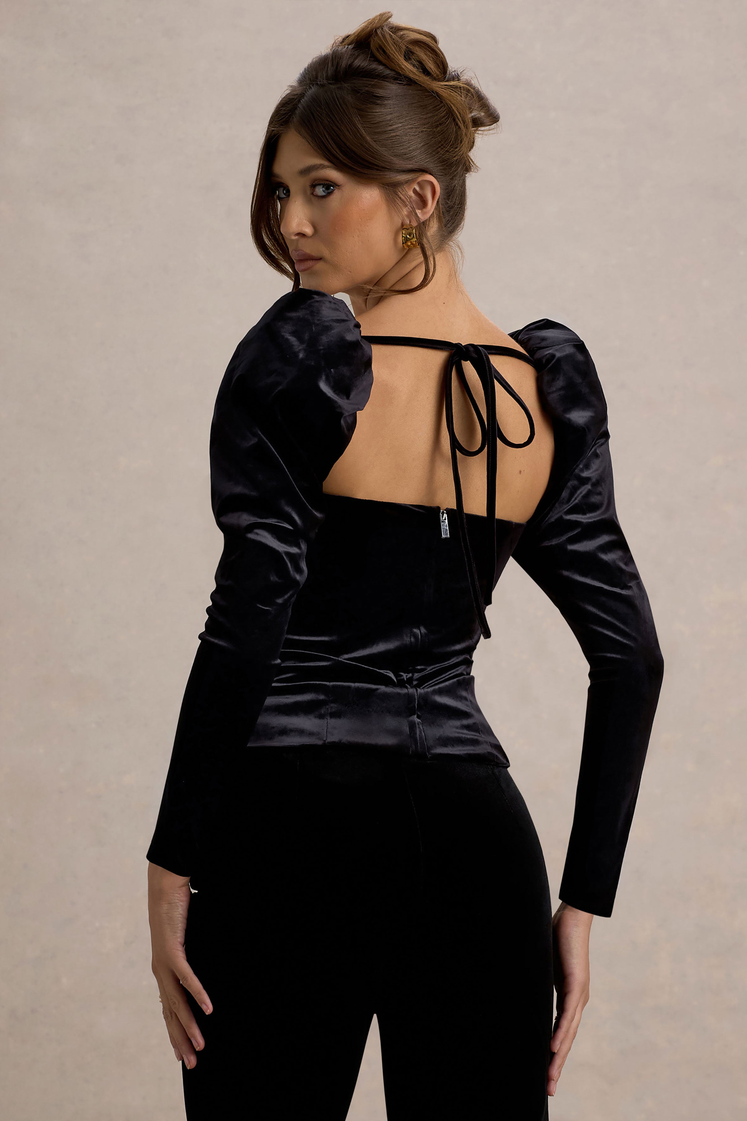 Tazmin | Black Velvet Embellished Square-Neck Top-Sowoom