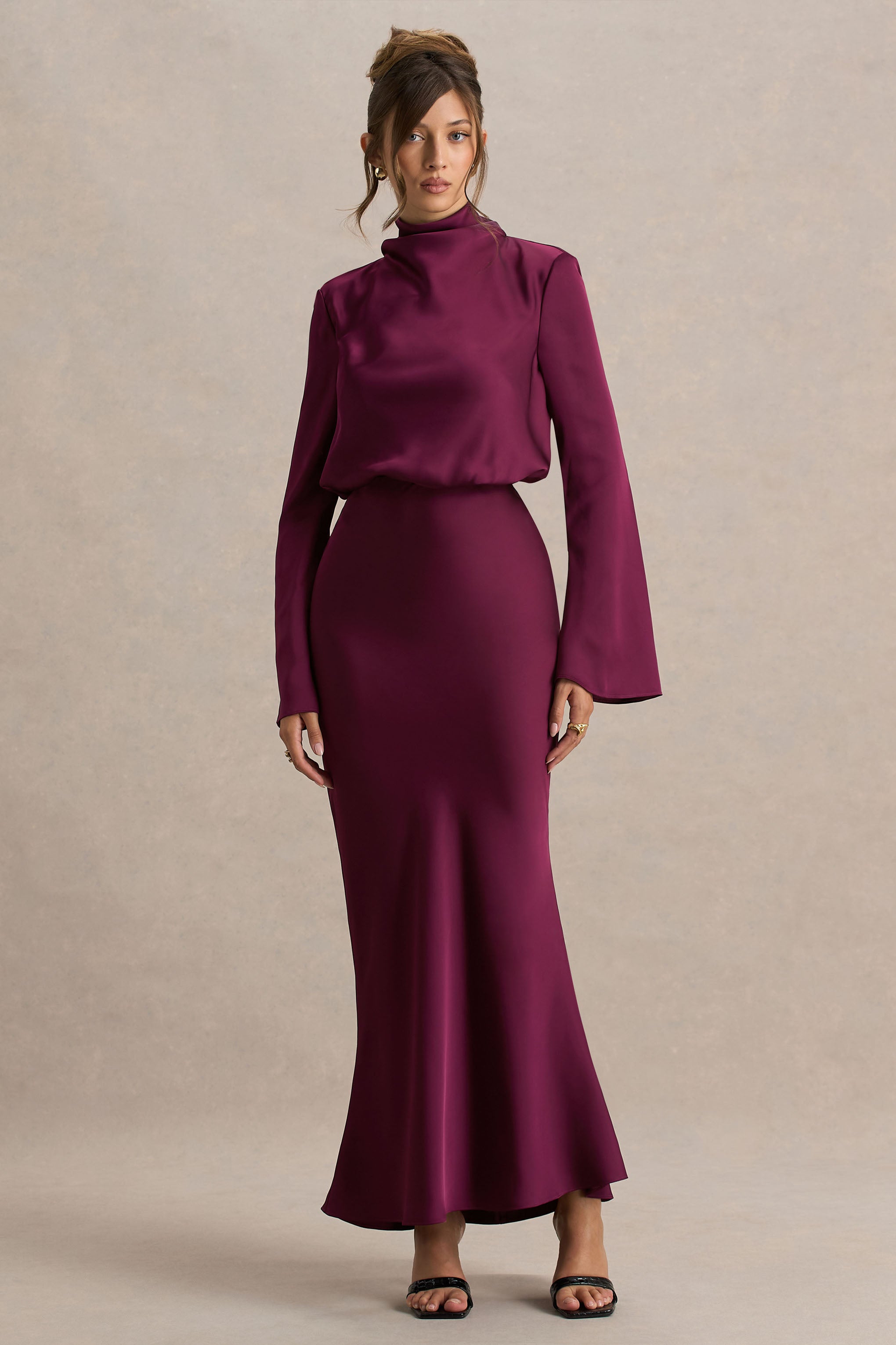 Celina | Burgundy Satin High-Neck Maxi Dress-Sowoom
