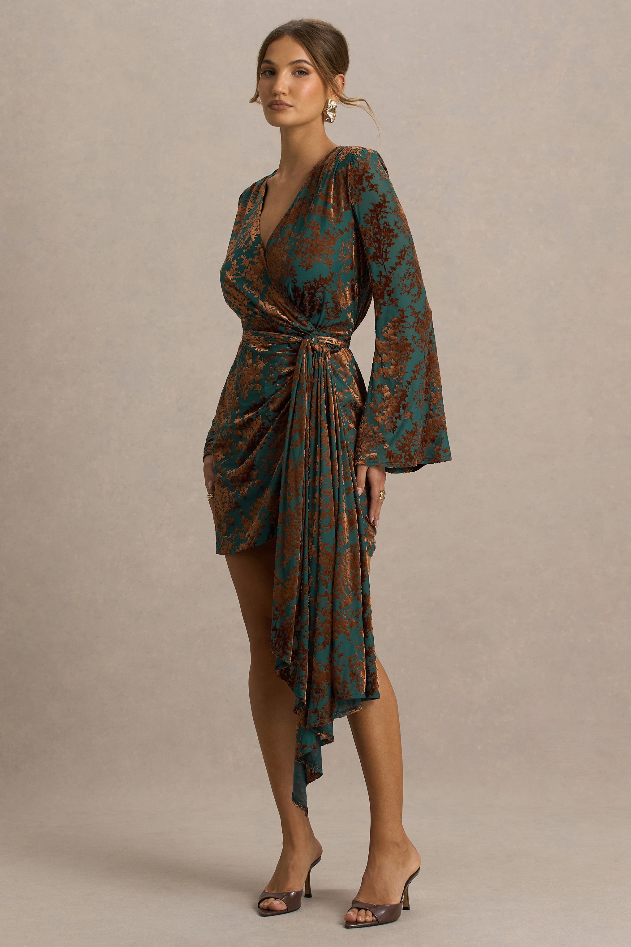 Dimitra | Dark Green And Brown Velvet Devore Plunge-Neck Wrap Mini Dress-Sowoom