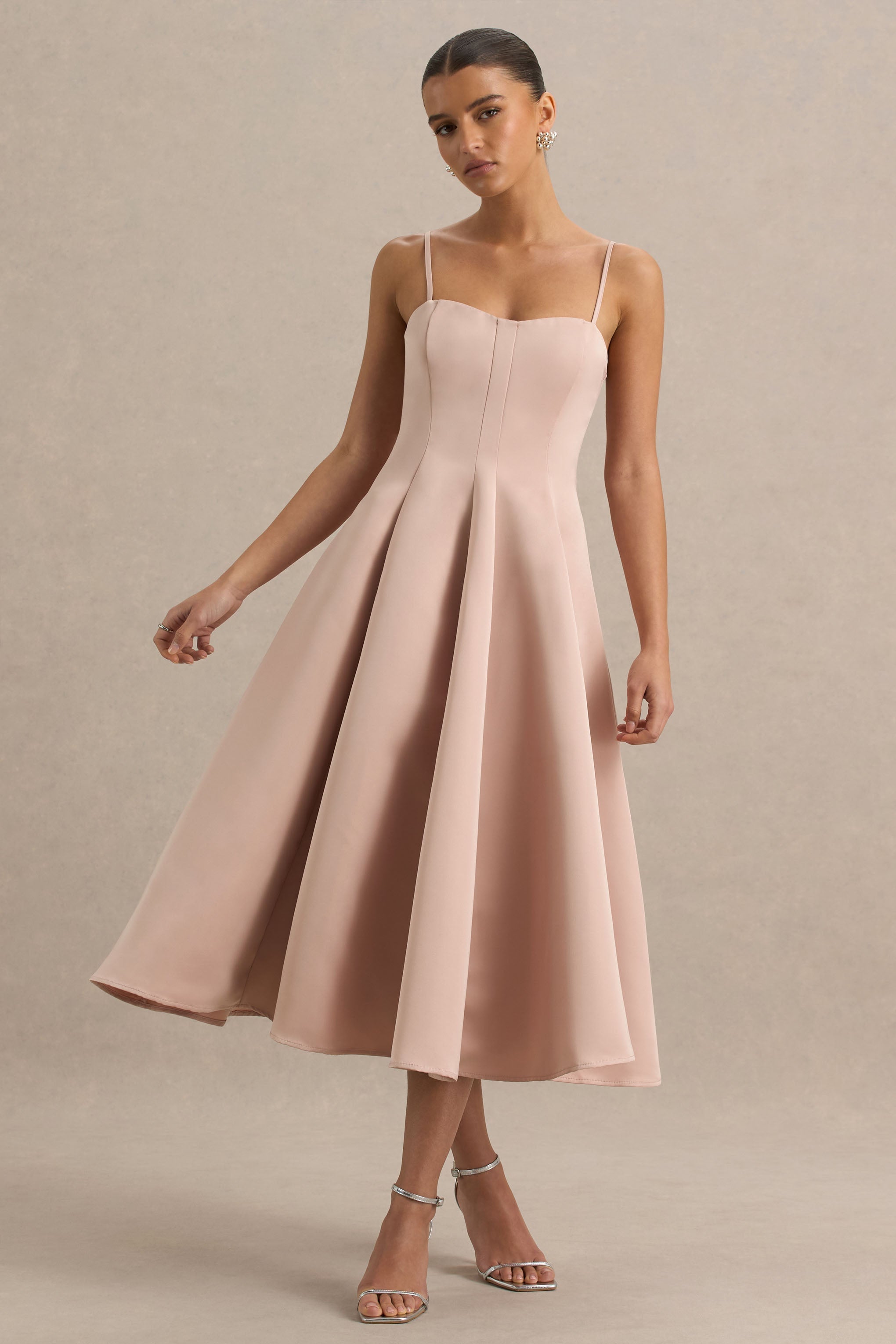 Mally | Rose Pink Satin Sweetheart A-Line Midi Dress-Sowoom
