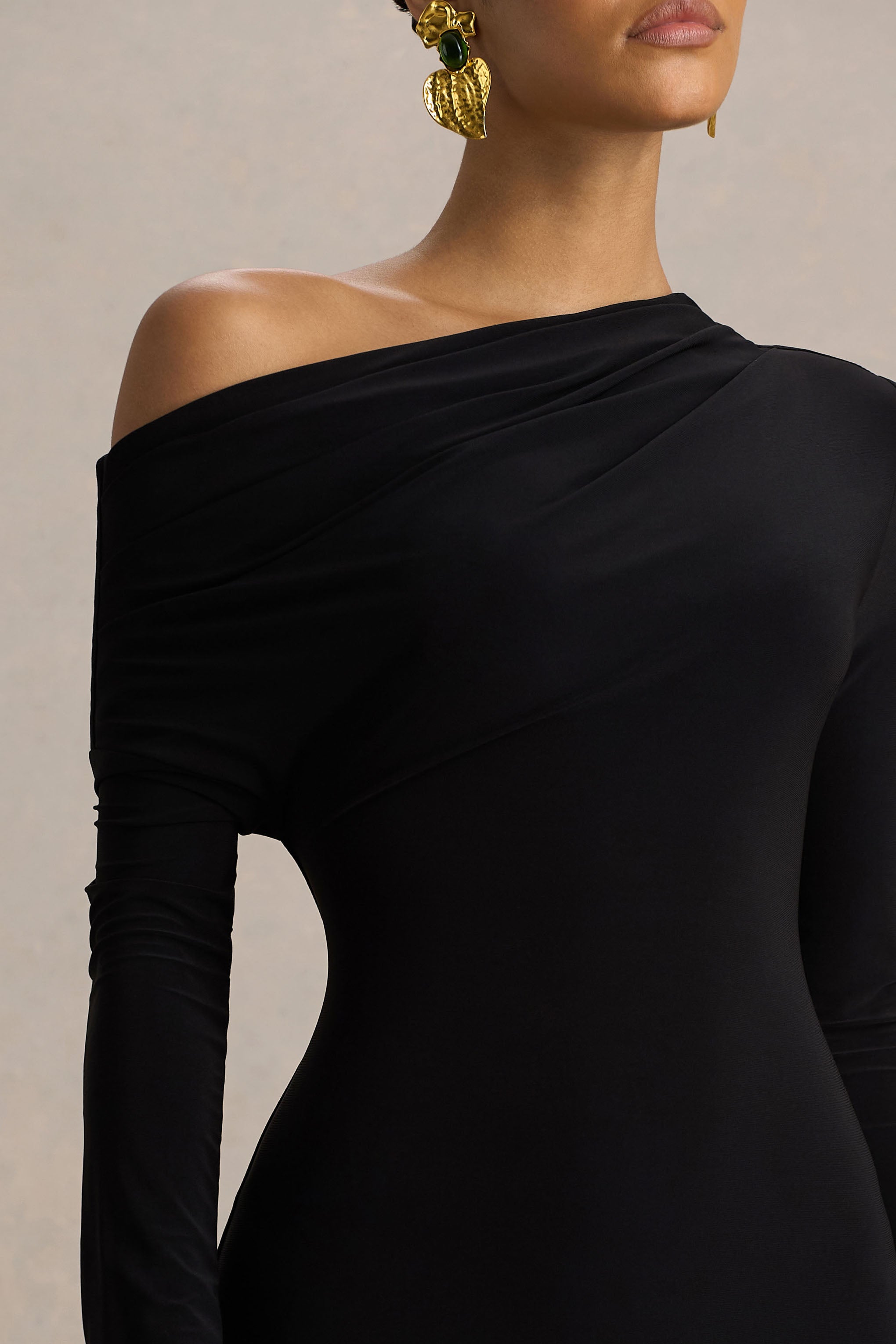 Isola | Black Asymmetric-Neck Midi Dress With Hanky-Hem-Sowoom
