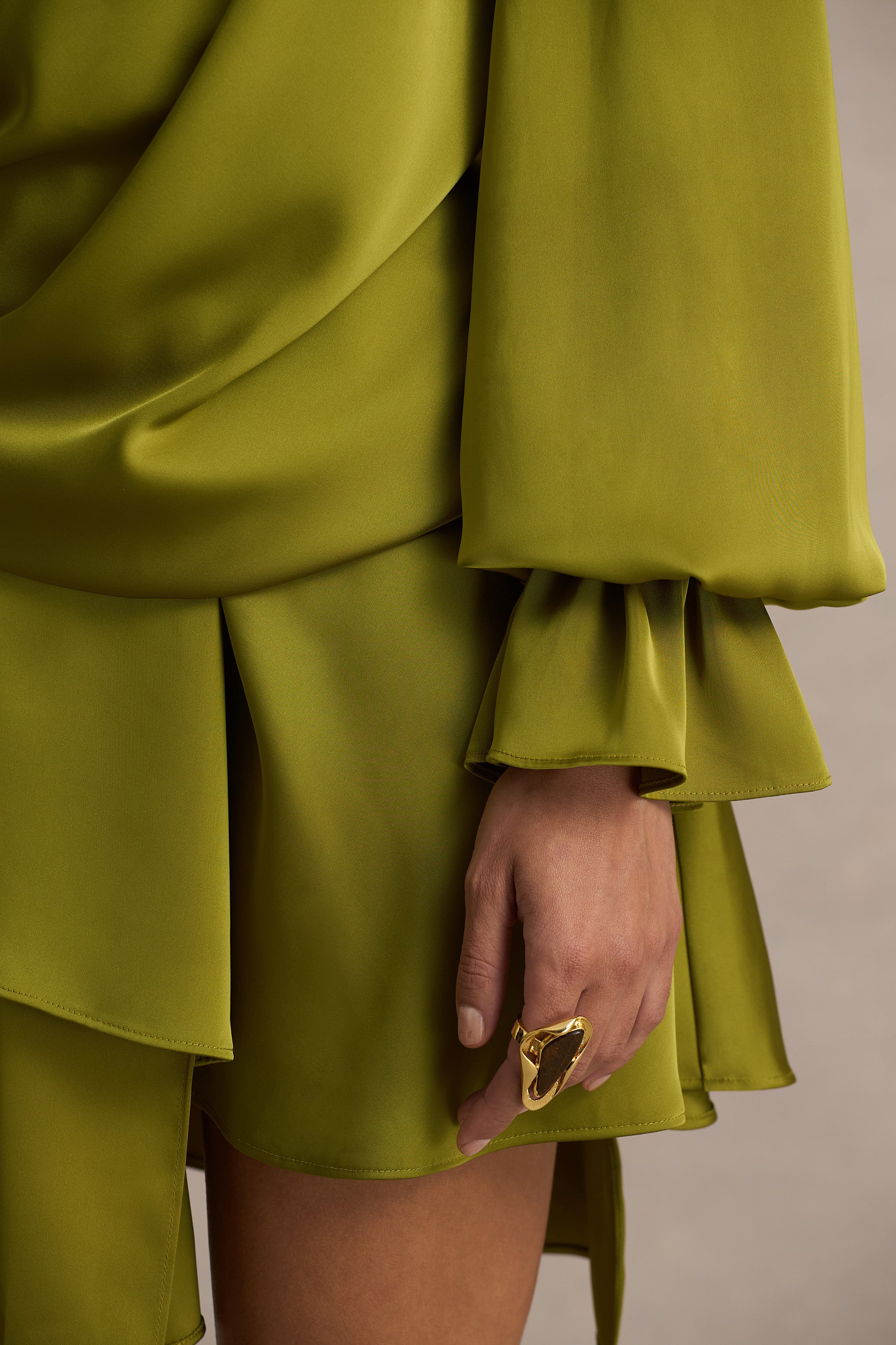 Cara | Olive Satin Plunge-Neck Micro-Mini Dress With Long Sleeve-Sowoom