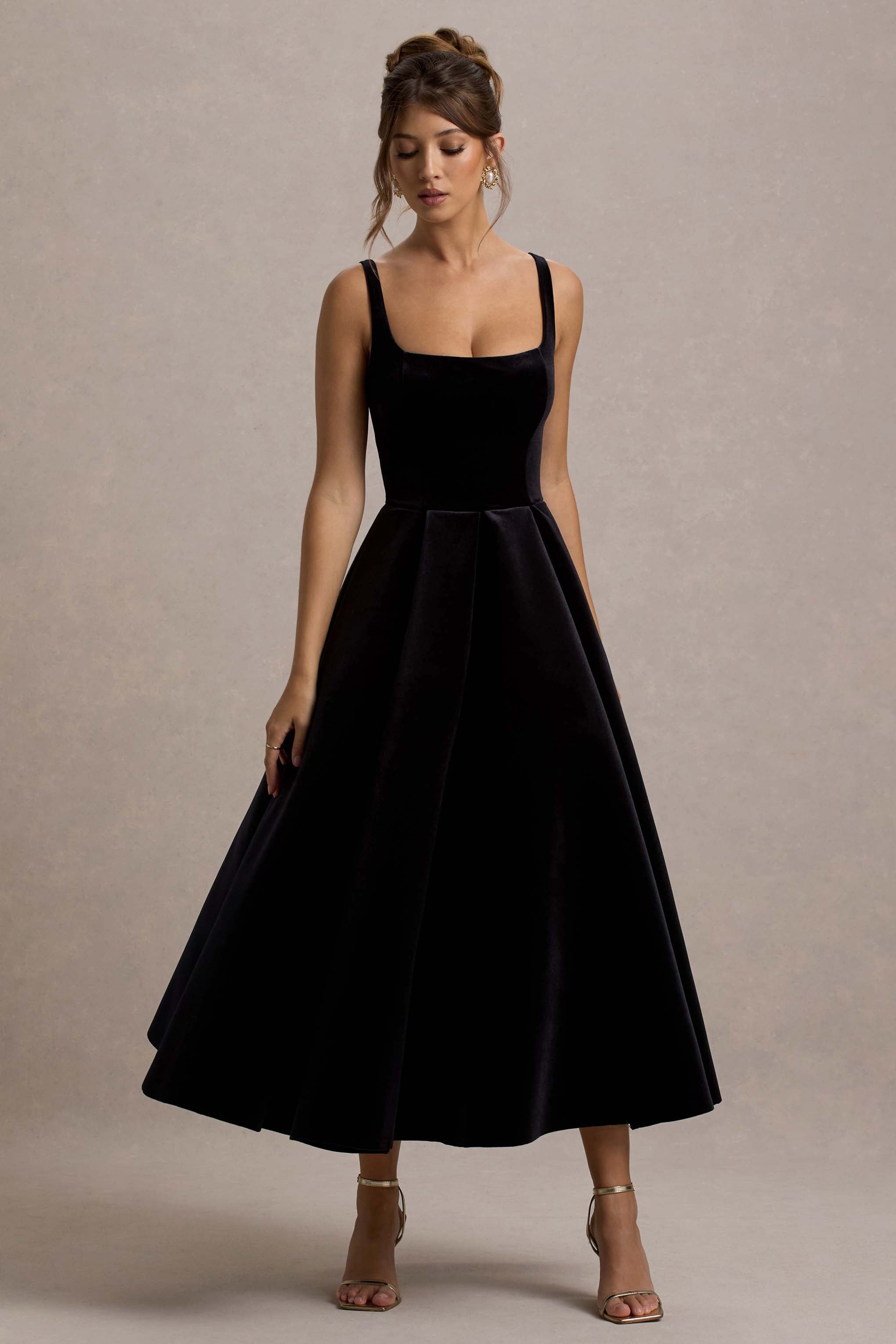 Francisca | Black Velvet Strappy Volume-Hem Midi Dress-Sowoom