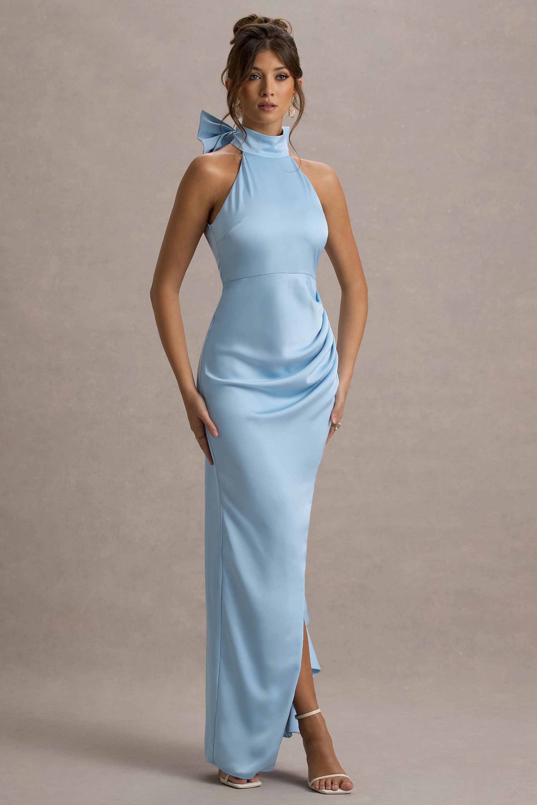 Maureen | Powder Blue Satin High-Neck Draped Maxi Dress-Sowoom