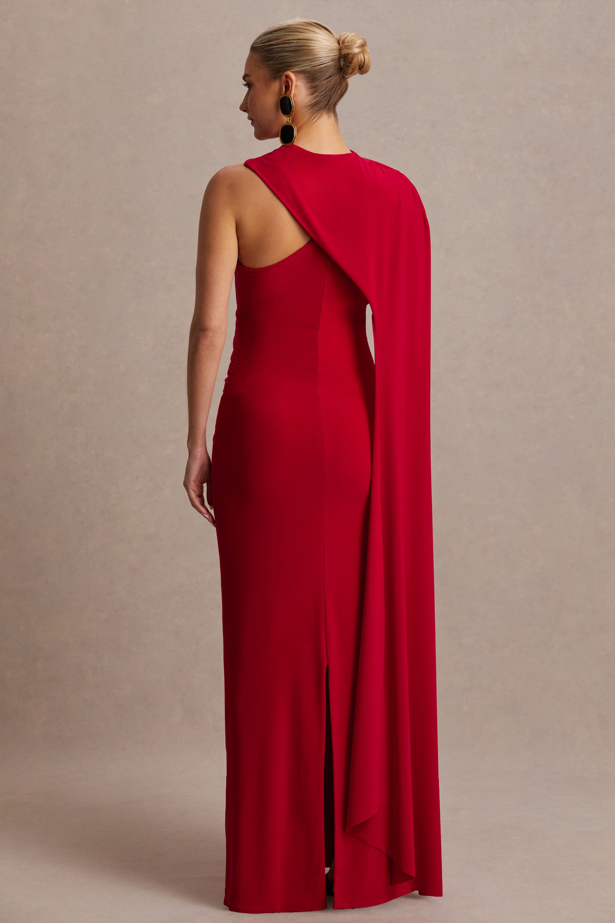 Tessy | Red Asymmetric-Neck Maternity Maxi Dress With Cape-Sleeve-Sowoom