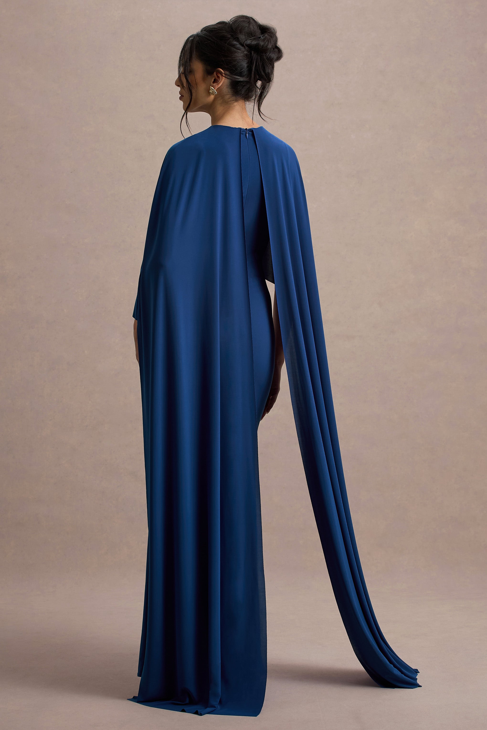 Padma | Blue Draped Maxi Dress With Cape Sleeves-Sowoom