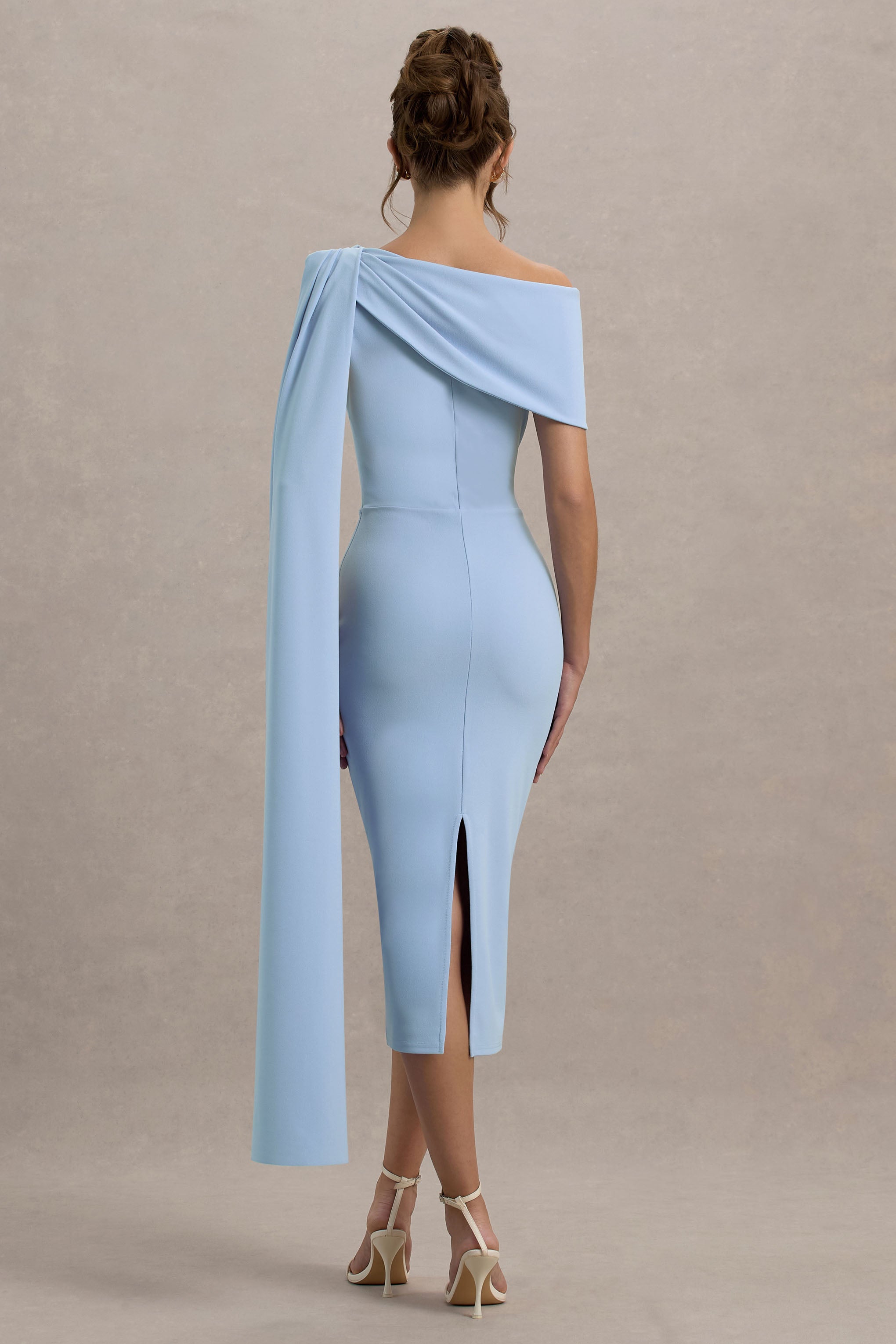 Niamh | Powder Blue Asymmetric Midi Dress With Drape-Sowoom