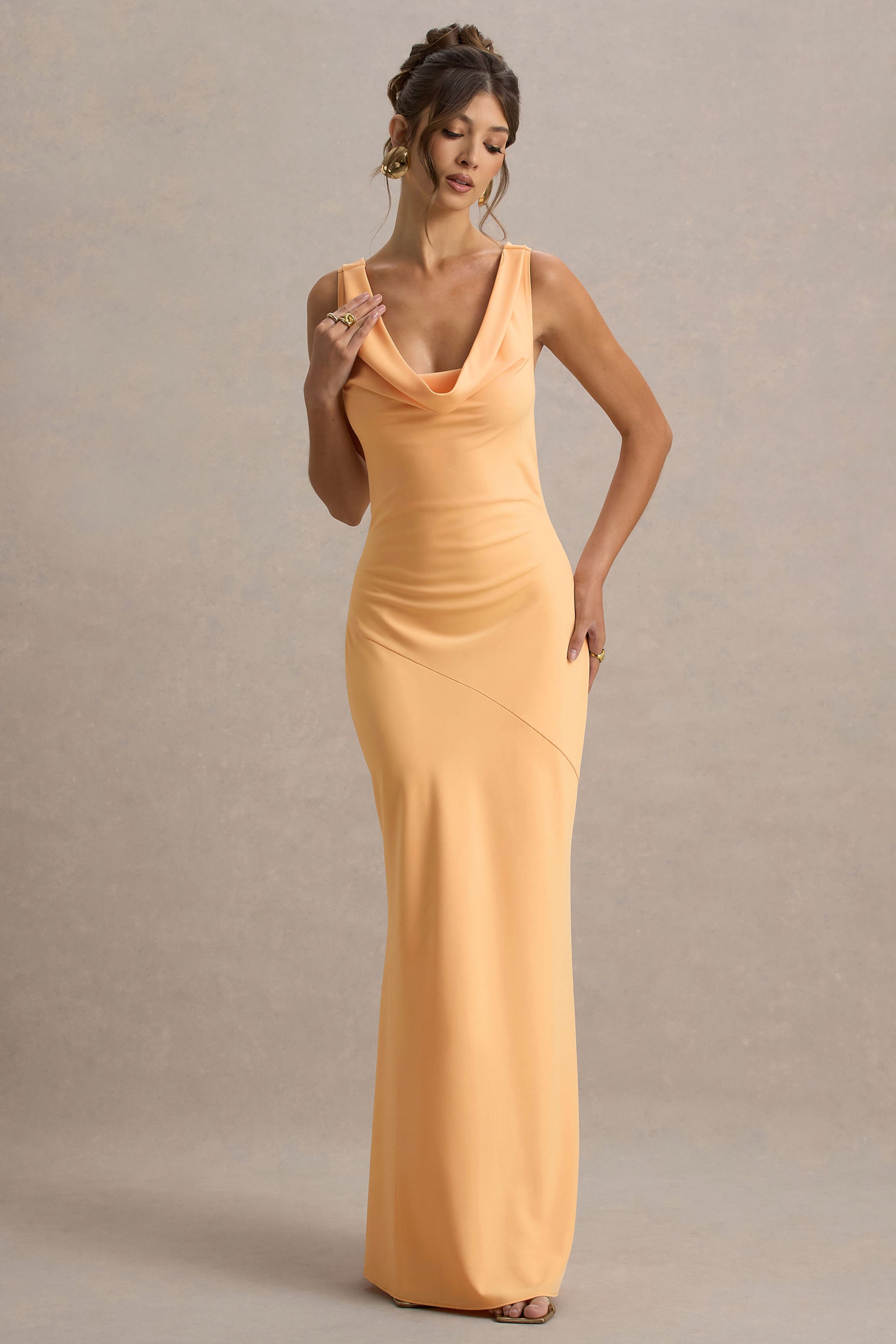 Alesso | Peach Satin Cowl-Neck Slip-Maxi Dress-Sowoom