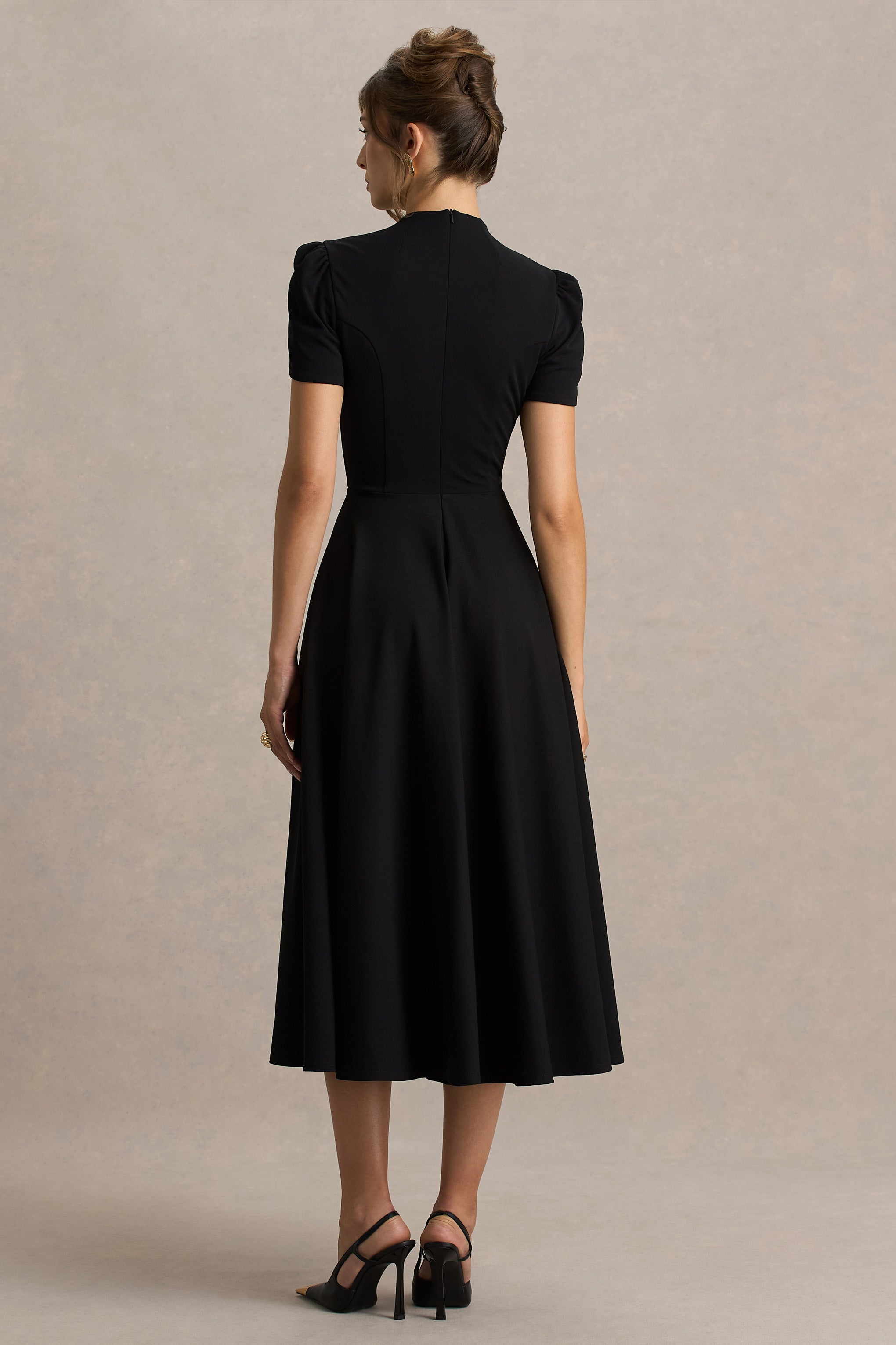 Vicky | Black High Neck Midi Dress With Puff Sleeves-Sowoom