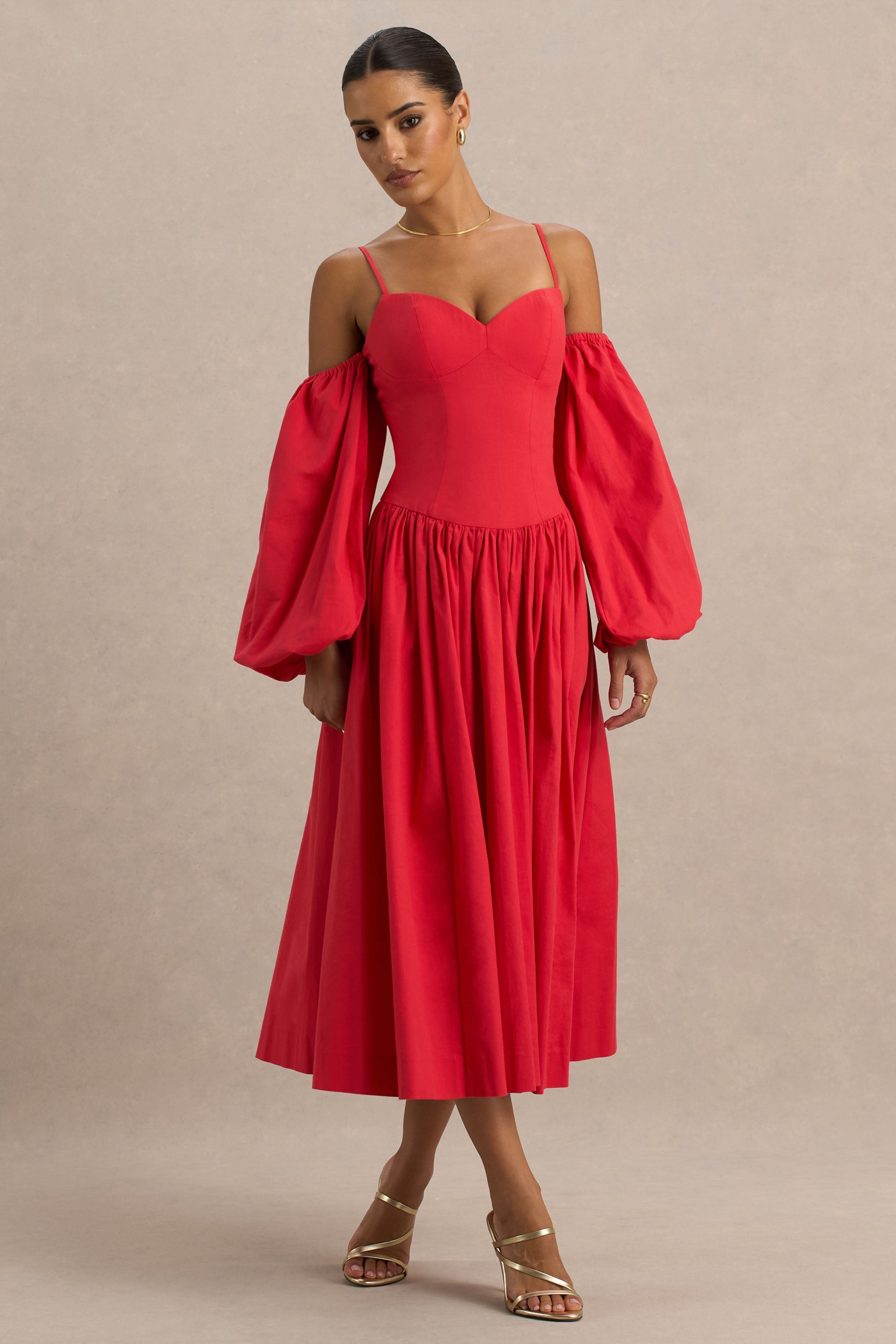 Macie | Red Sweetheart Midi Dress With Balloon Sleeves-Sowoom
