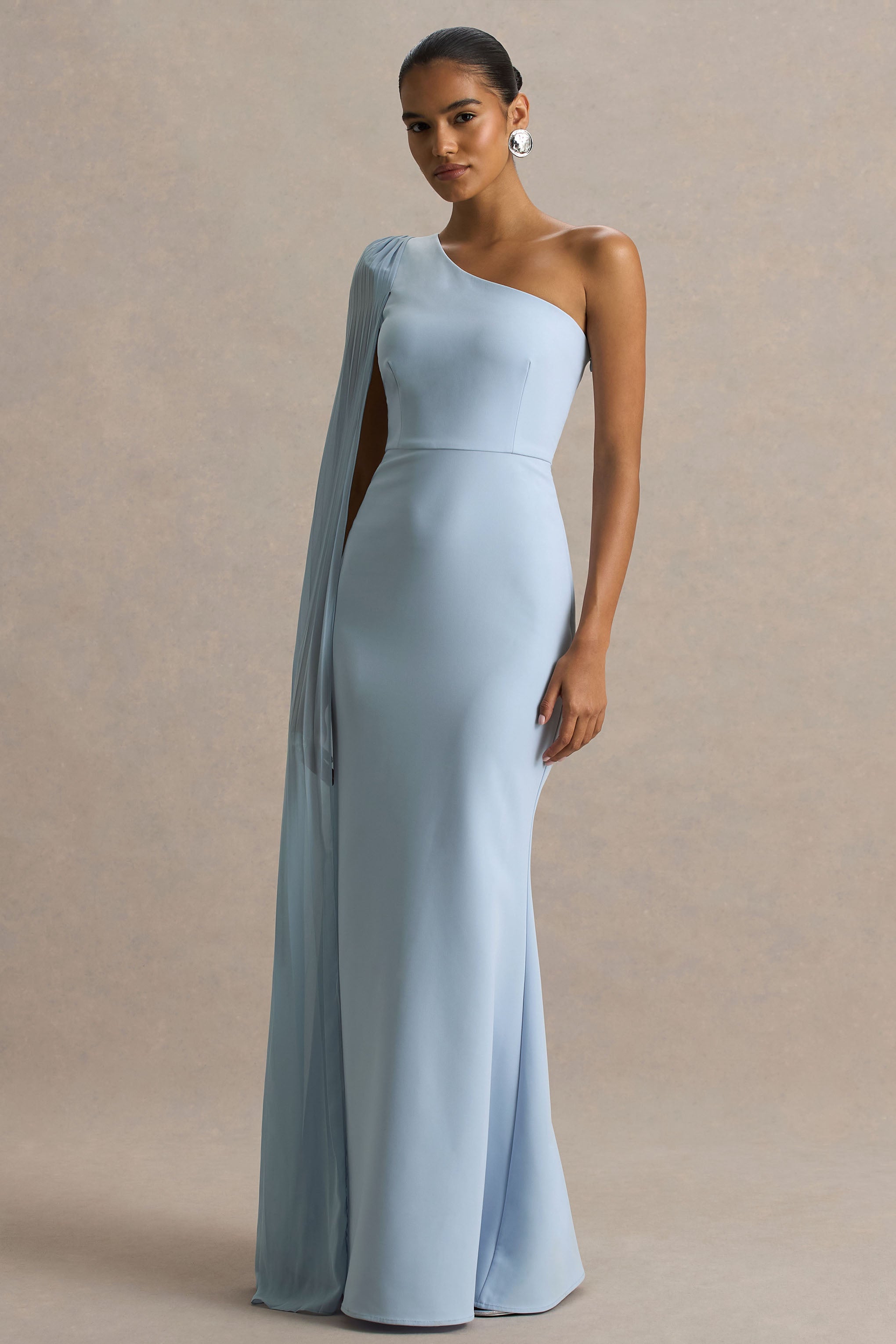 Athens | Powder Blue Asymmetric-Neck Maxi Dress With Cape Sleeve Detail-Sowoom