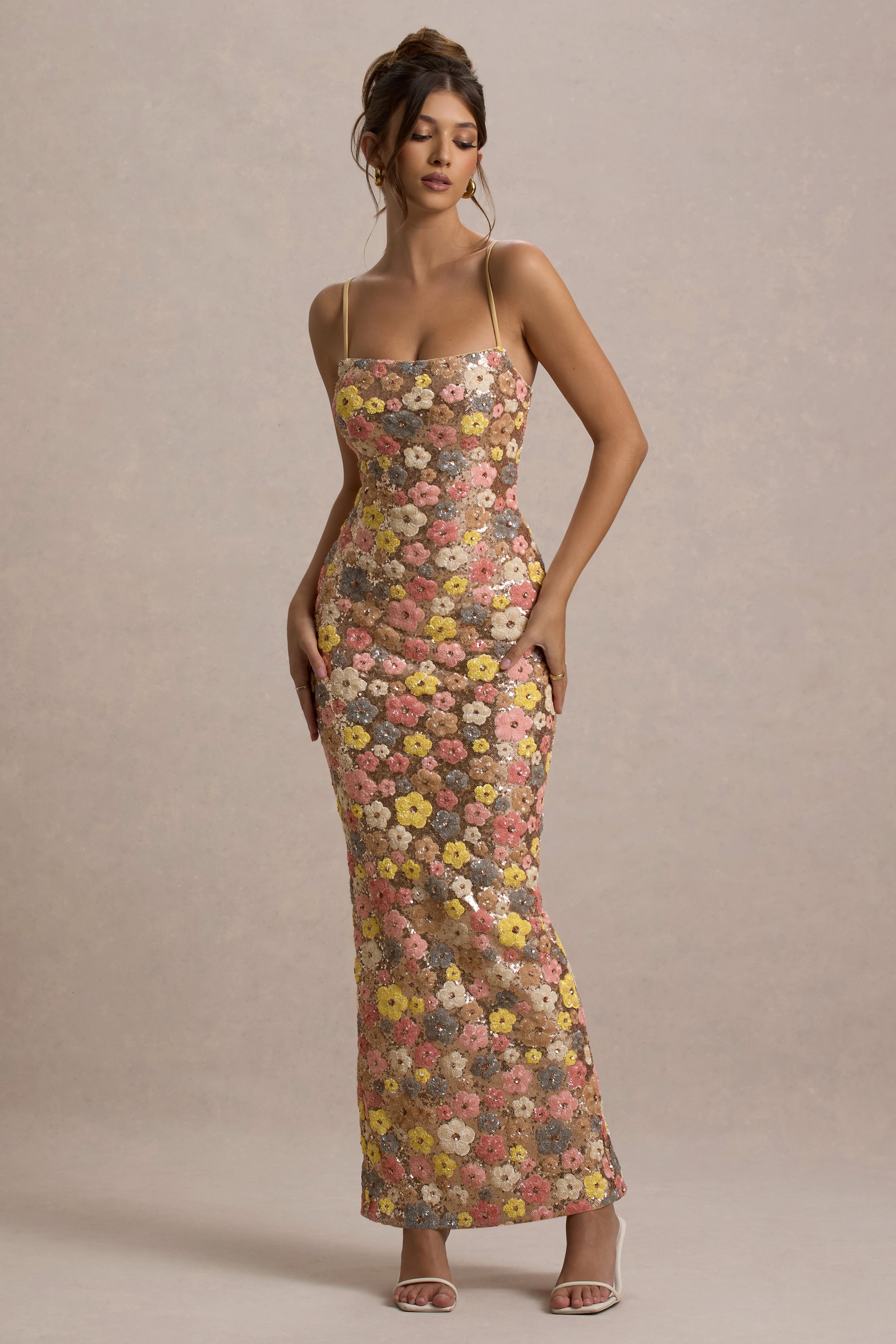 Vitora | Pastel Floral Print Embellished Sequin Square-Neck Maxi Dress-Sowoom