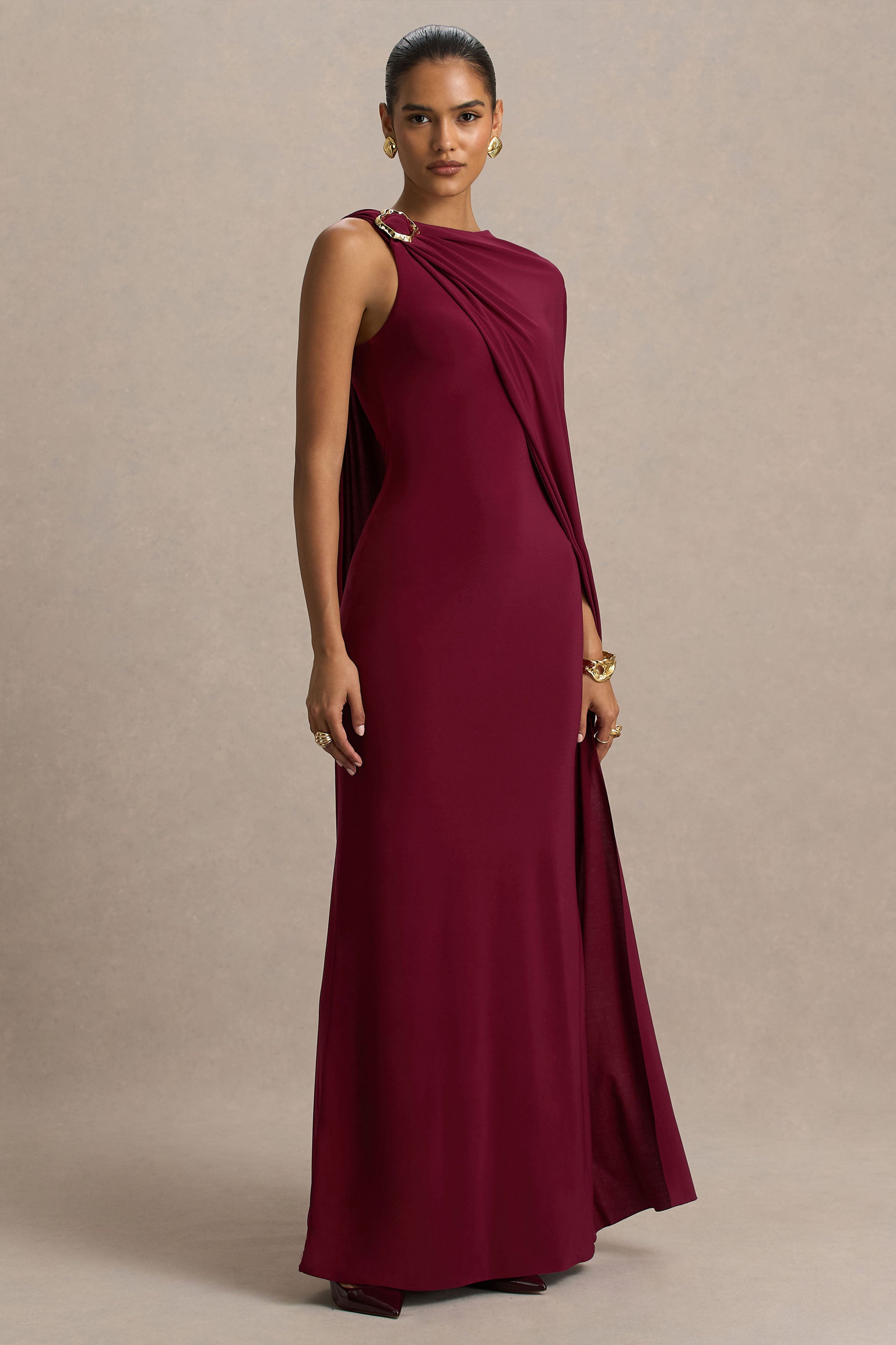 Cressida | Burgundy Asymmetric-Neck Maxi Dress With Cape And Gold Detail-Sowoom