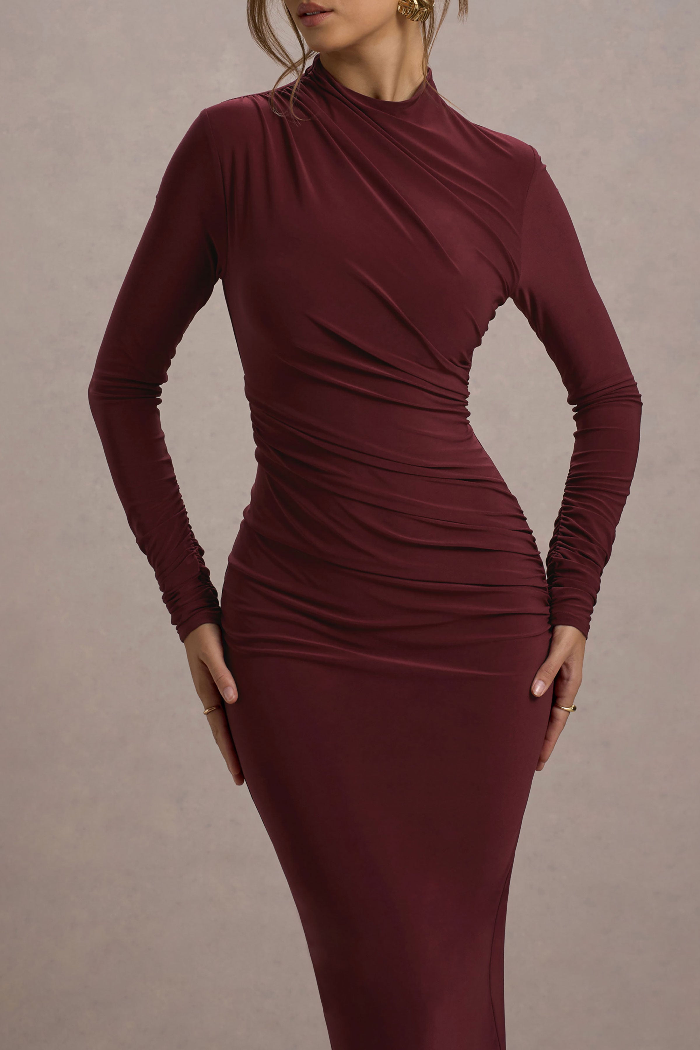 Hespera | Port High-Neck Long-Sleeve Gathered Maxi Dress-Sowoom