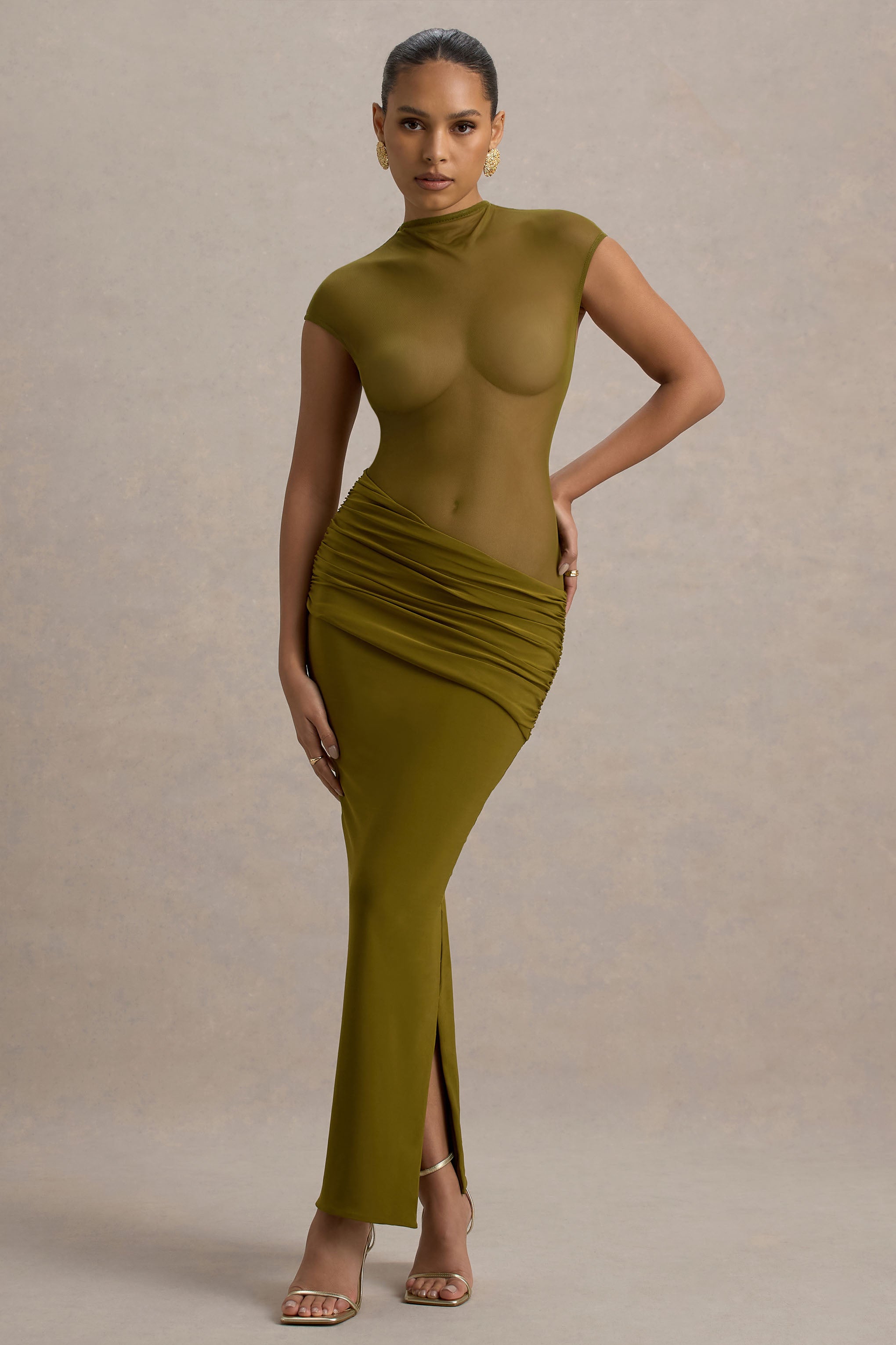 Asia | Green Sheer Short-Sleeve Draped Maxi Dress-Sowoom