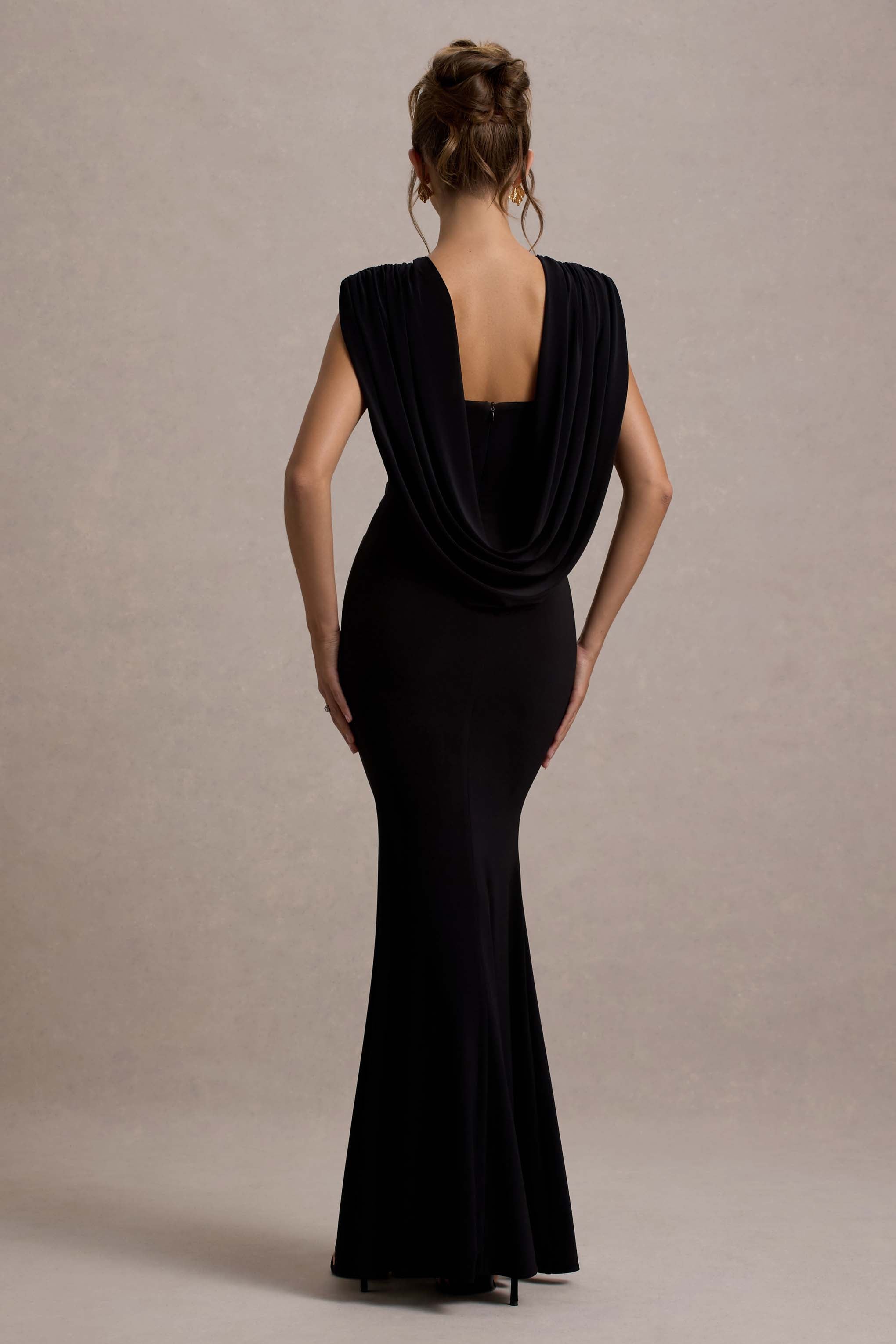 To The Moon | Black Cowl-Back Maxi Dress-Sowoom