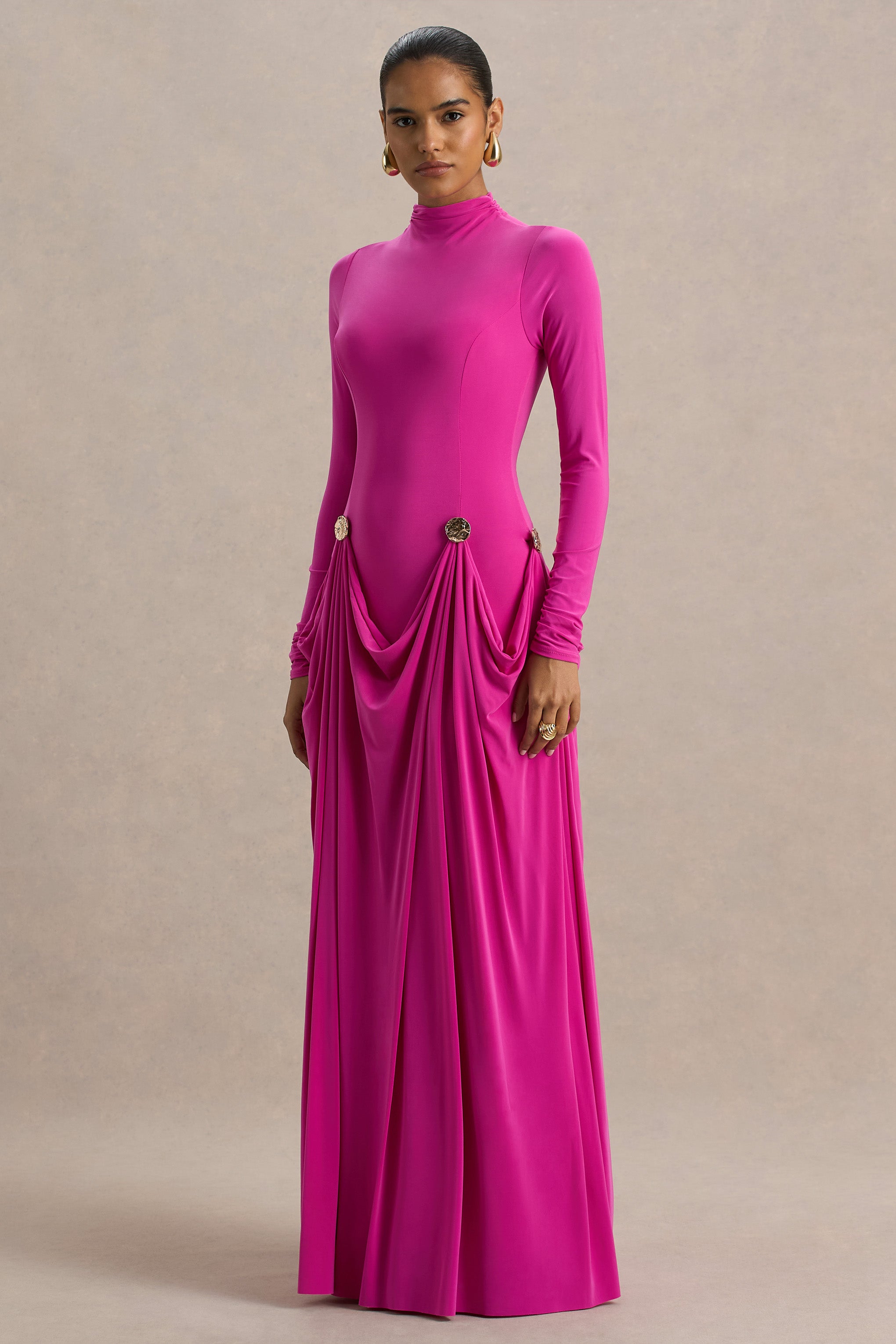 Caprice | Hot Pink High-Neck Maxi Dress With Embellished Details-Sowoom