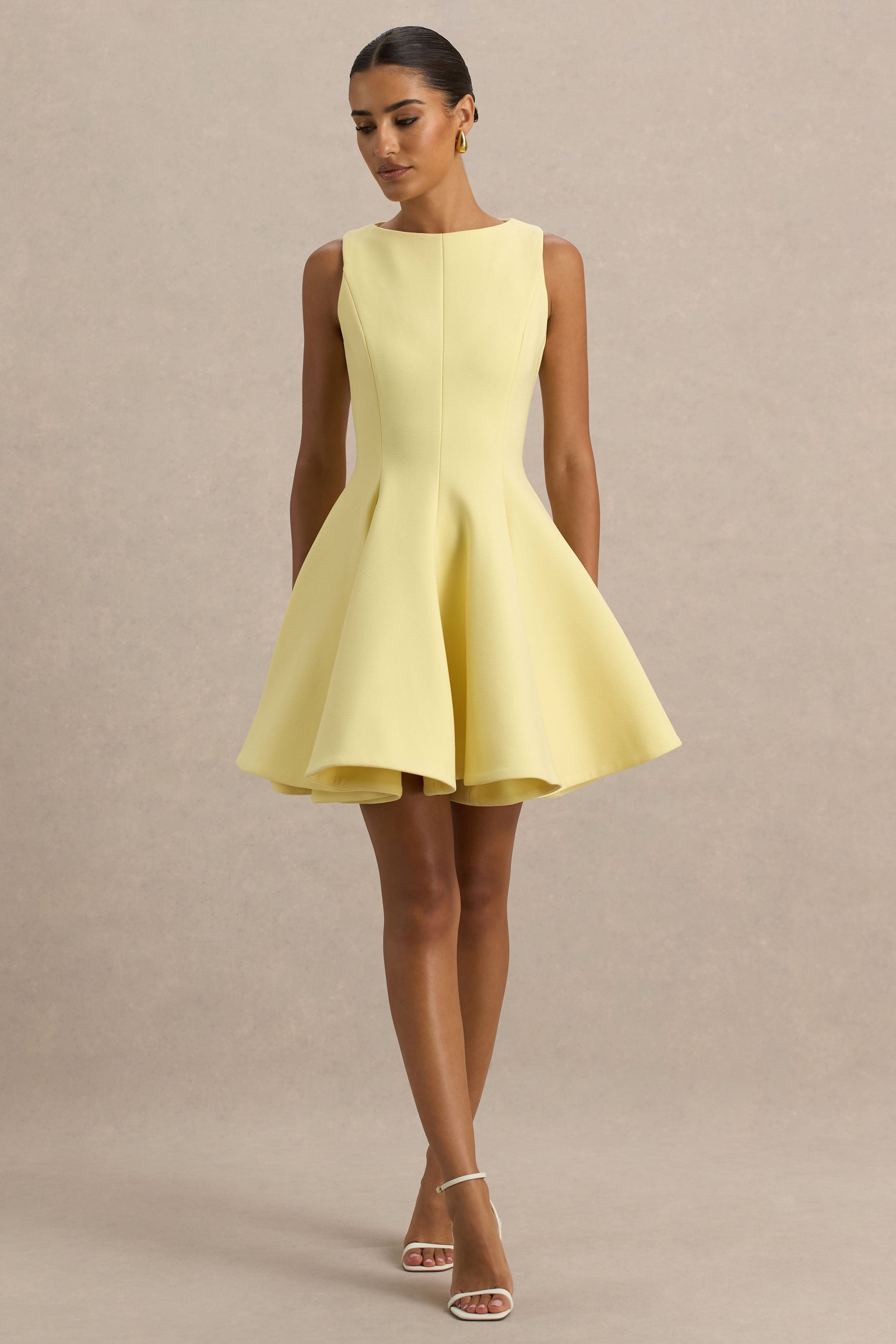Gabrielle | Lemon Boat-Neck Skater Mini Dress-Sowoom