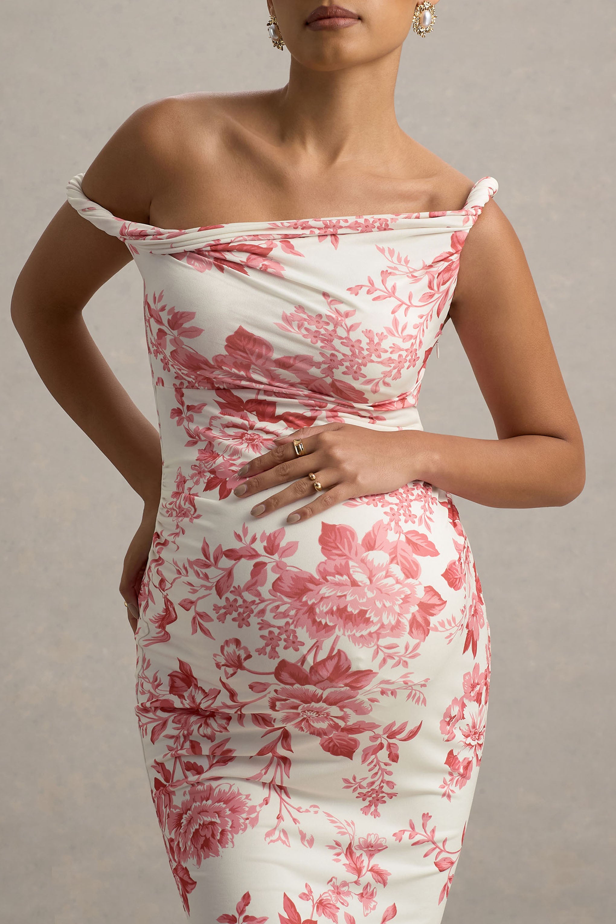 Salome | Pink Floral Print Twisted Asymmetric Maternity Midi Dress-Sowoom