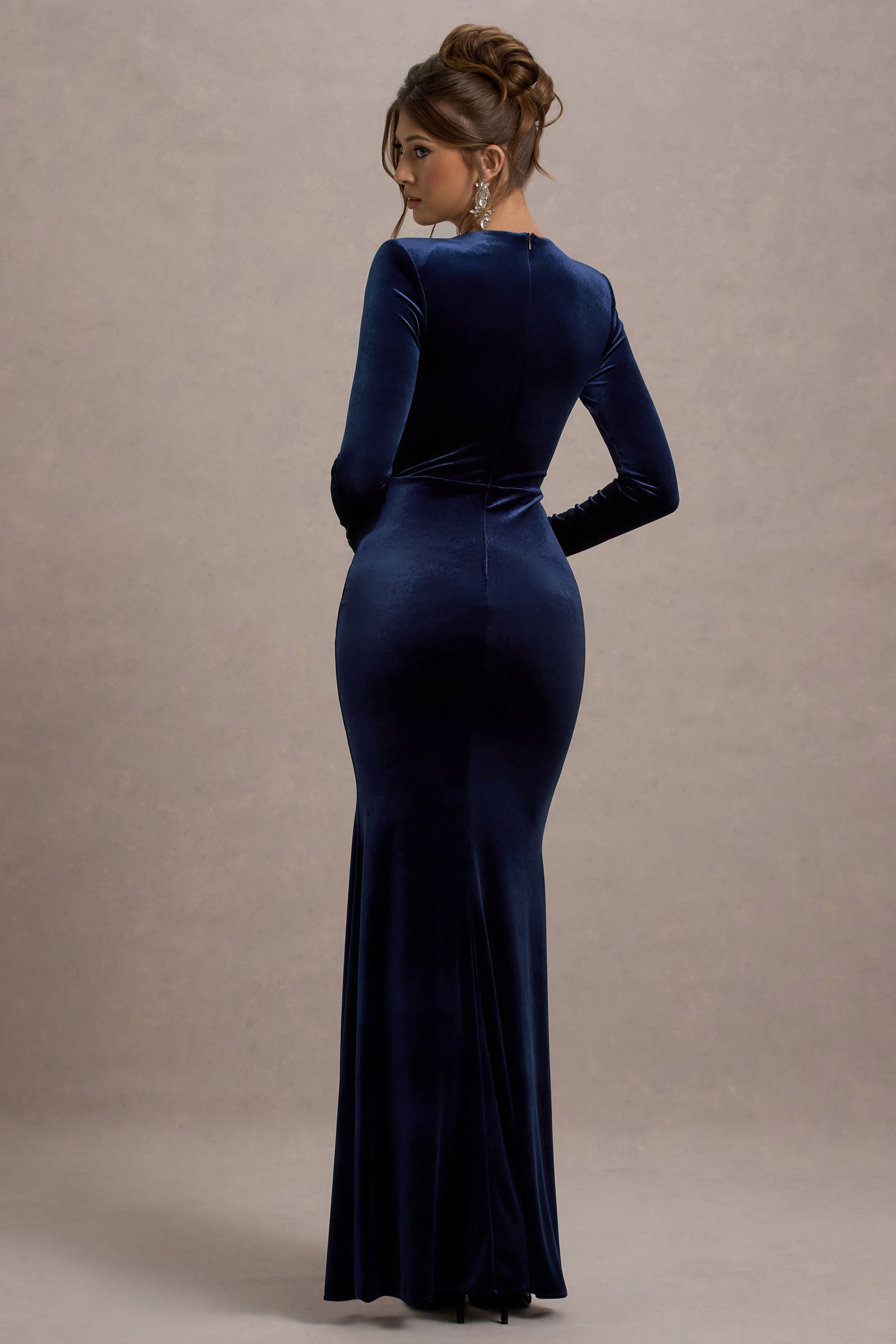 Rayla | Navy Velvet Maxi Dress With Split-Sowoom