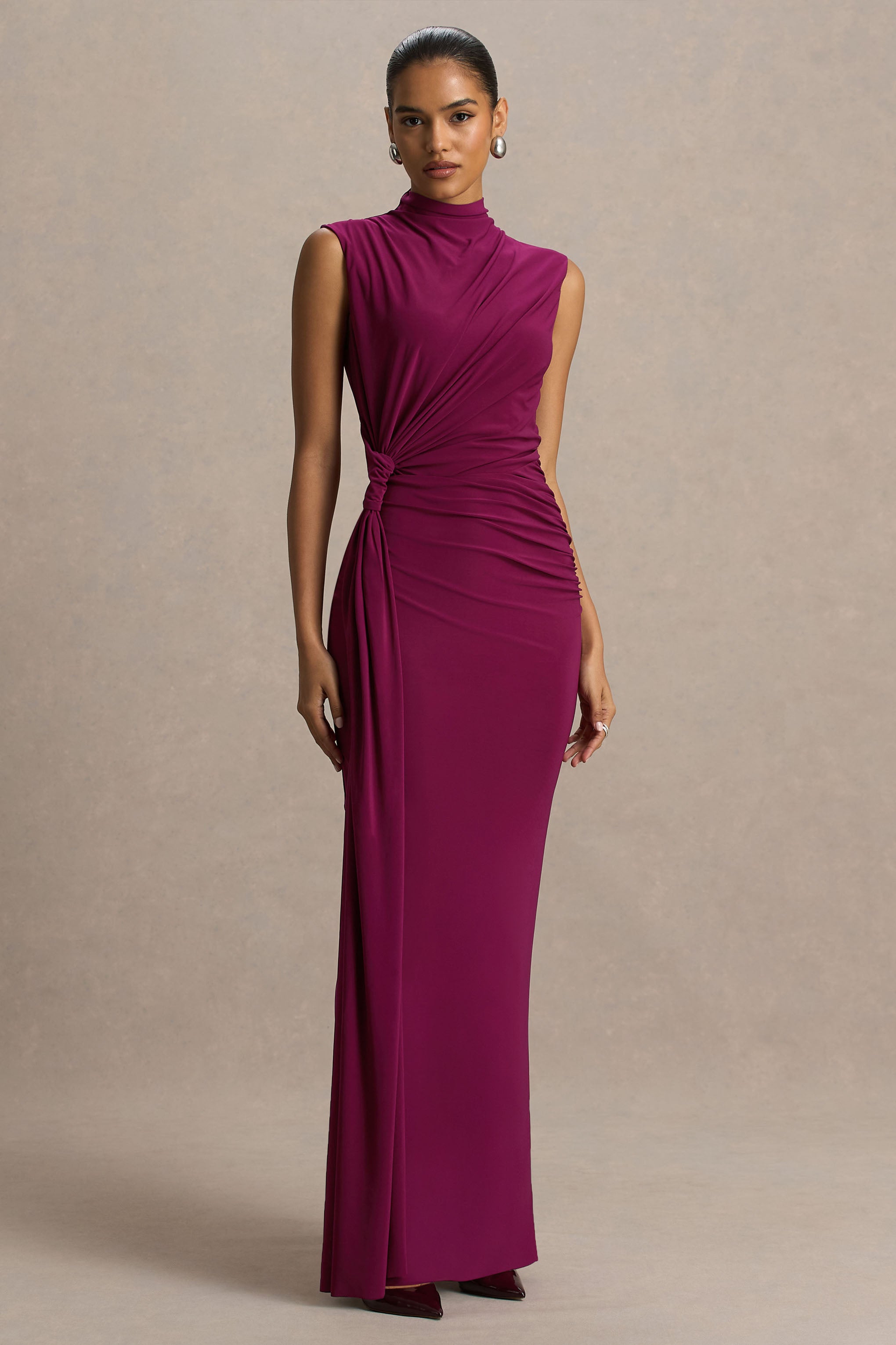 Solene | Burgundy High-Neck Maxi Dress With Wrap And Drape Detail-Sowoom
