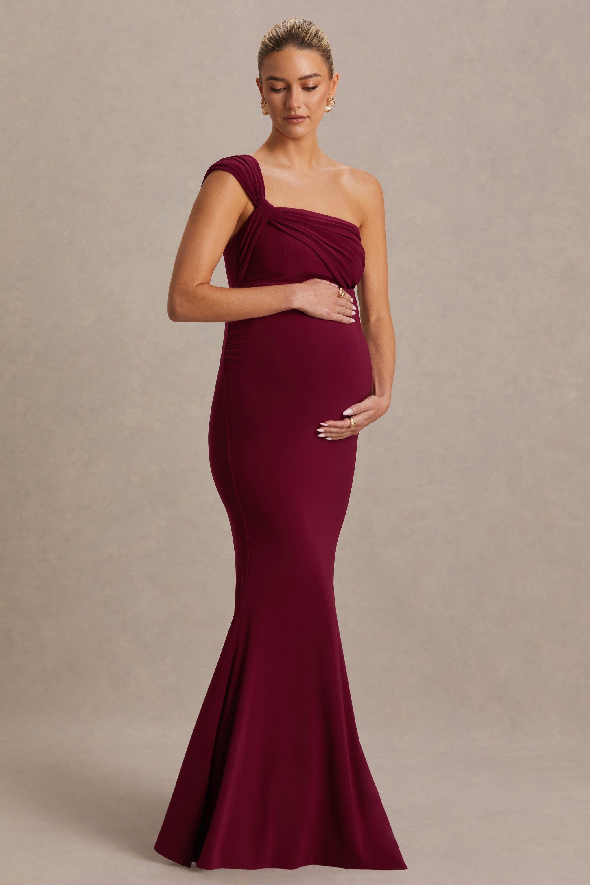 Mila | Burgundy Asymmetric-Neck Maternity Maxi Dress-Sowoom