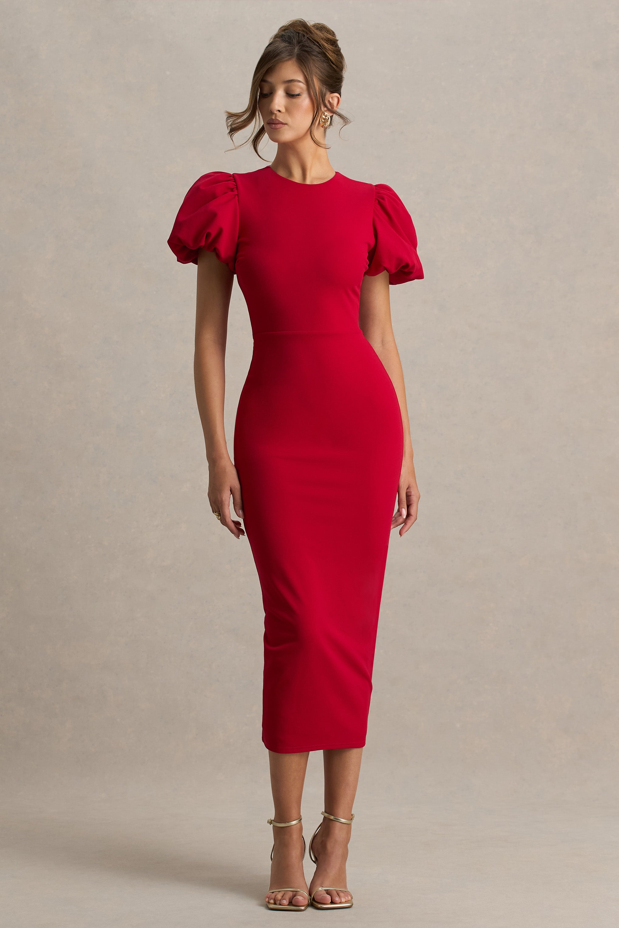 Dakota | Red Puff-Sleeve Midi Dress-Sowoom