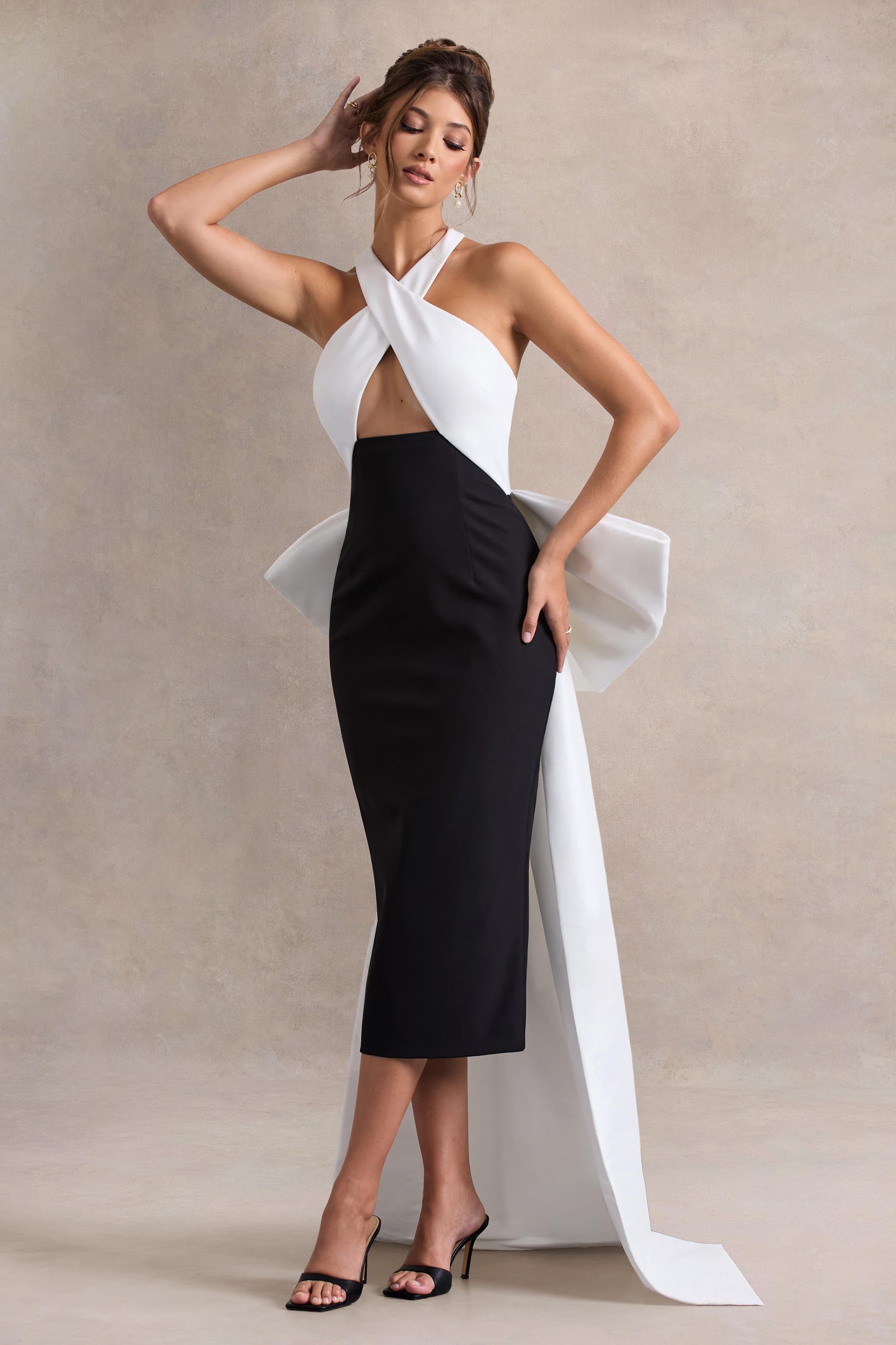 Blanca | Black & White Halter-Neck Cut-Out Midi Dress With Oversized Bow-Sowoom