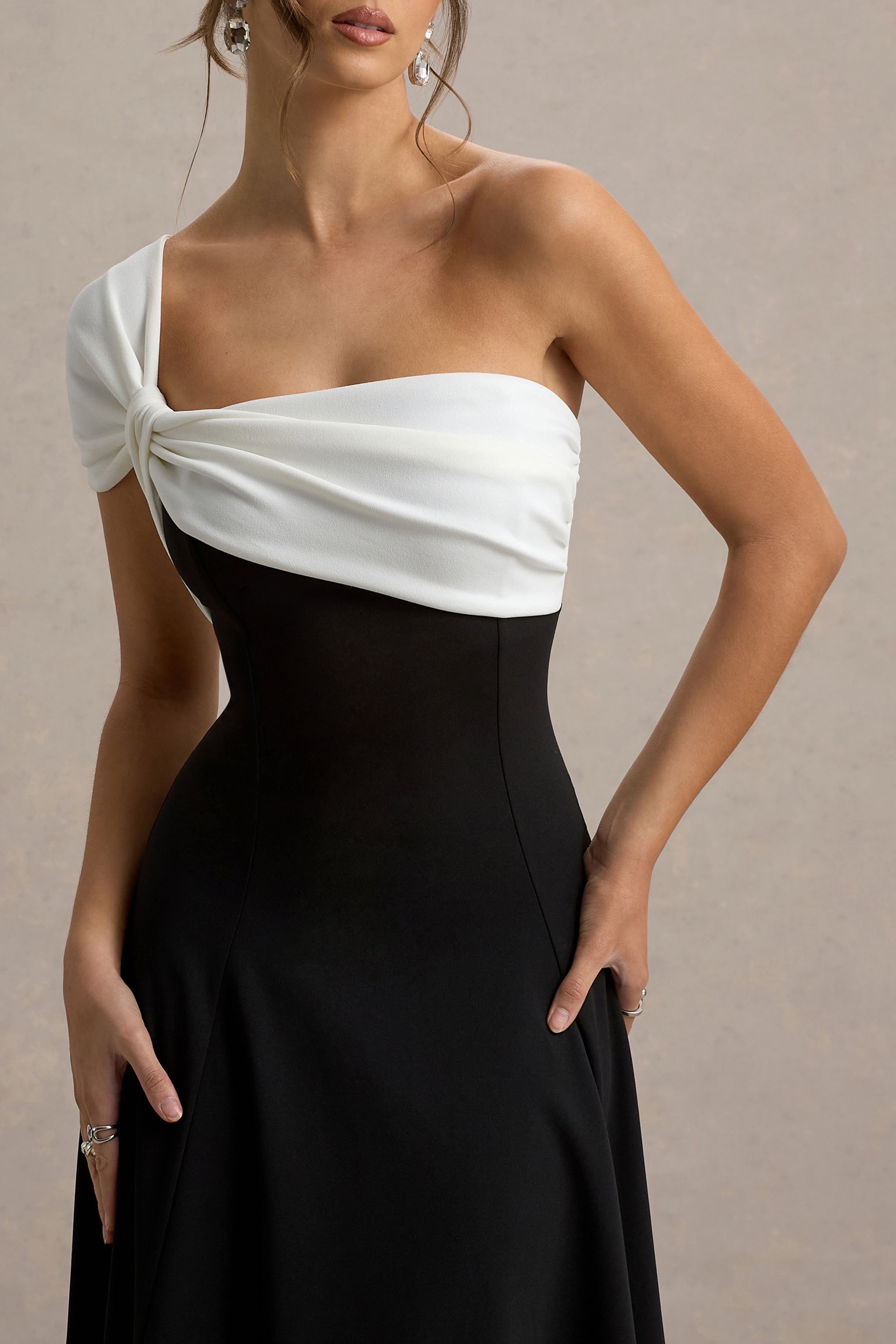Malta | Black & White One-Shoulder Midi Dress-Sowoom