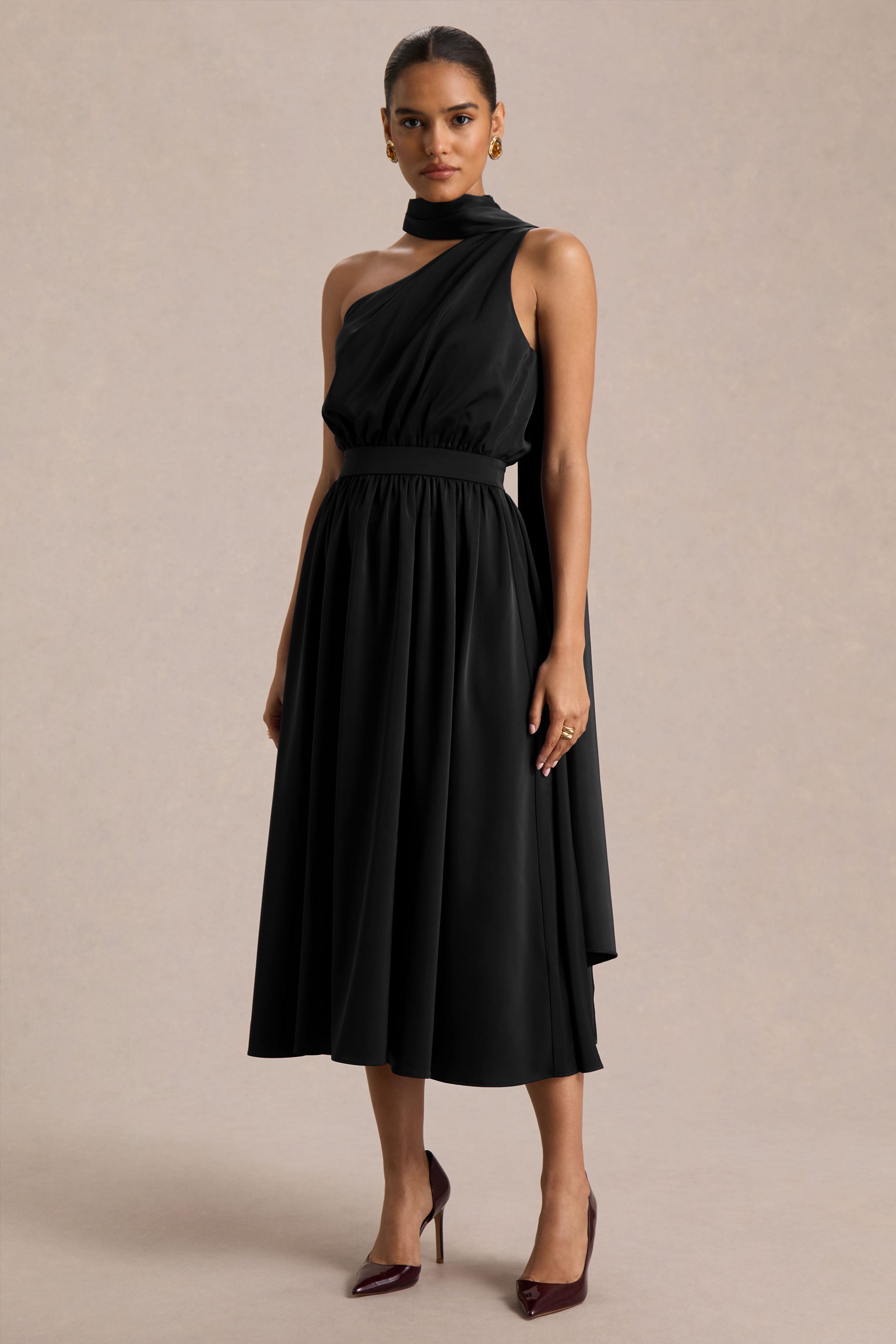 Caluna | Black Satin Asymmetric-Neck Midi Dress With Scarf-Detail-Sowoom