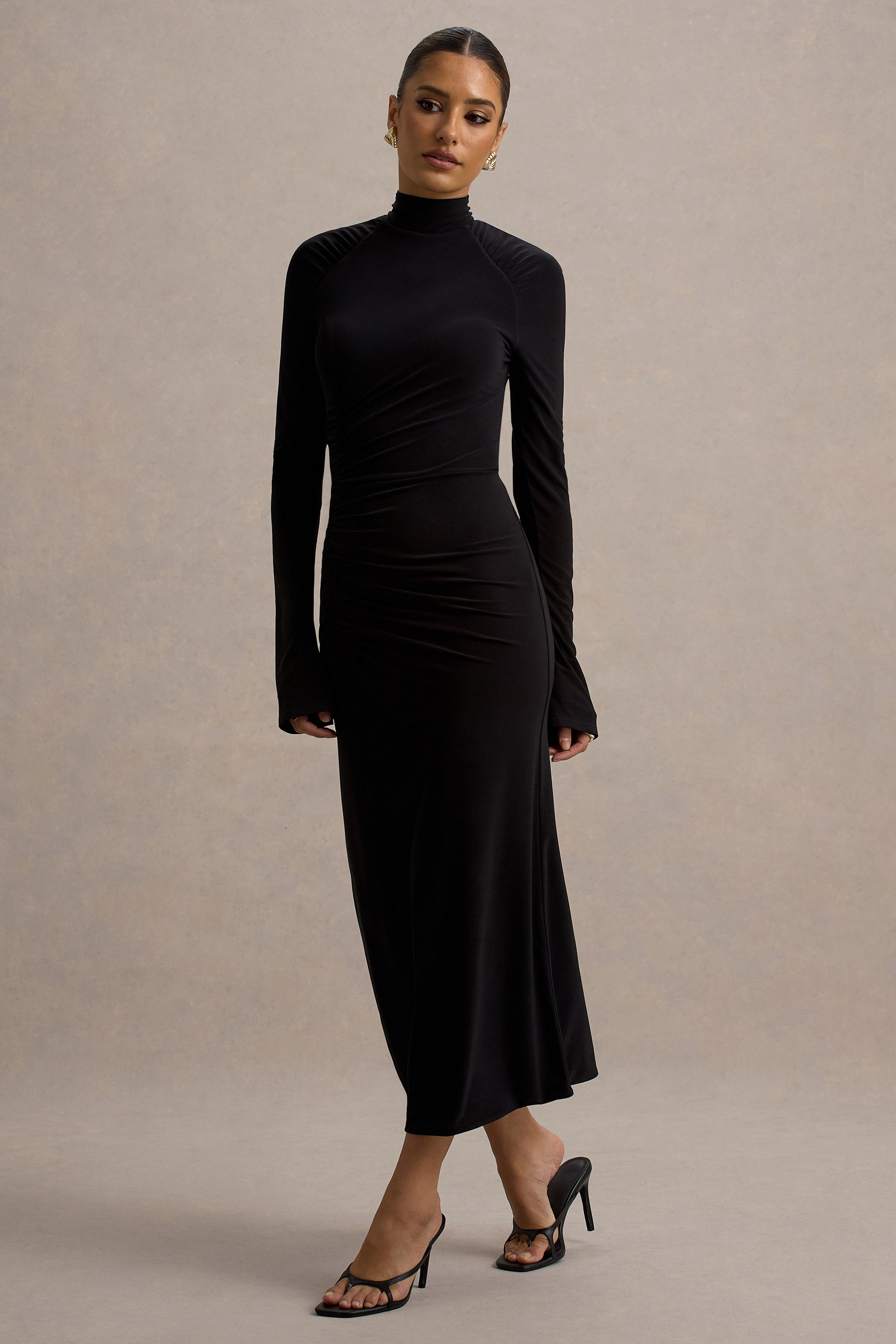 Cassandra | Black High-Neck Long-Sleeve Midi Dress-Sowoom