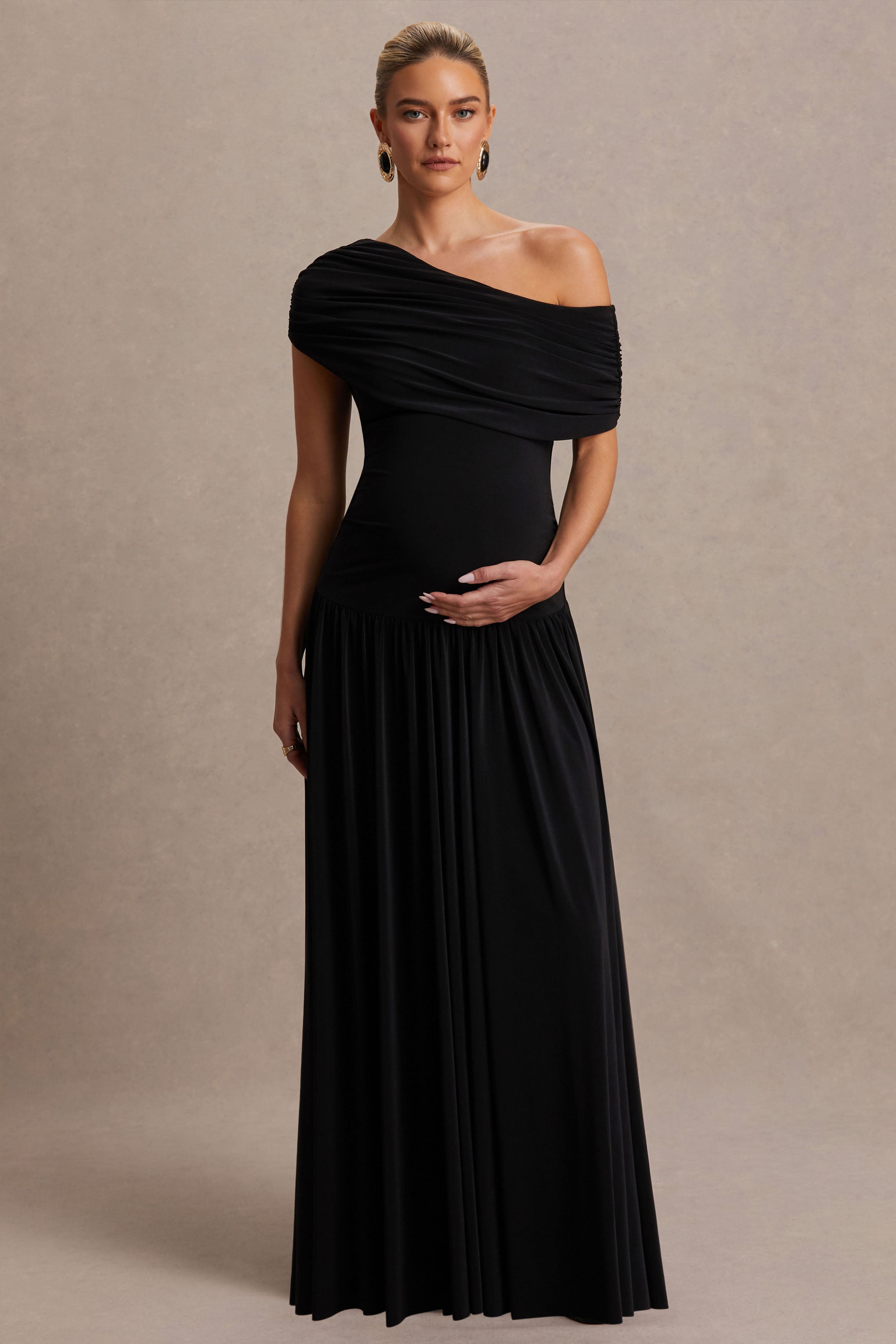 Noah | Black Asymmetric-Neck Maternity Maxi Dress With Drop-Waist-Sowoom