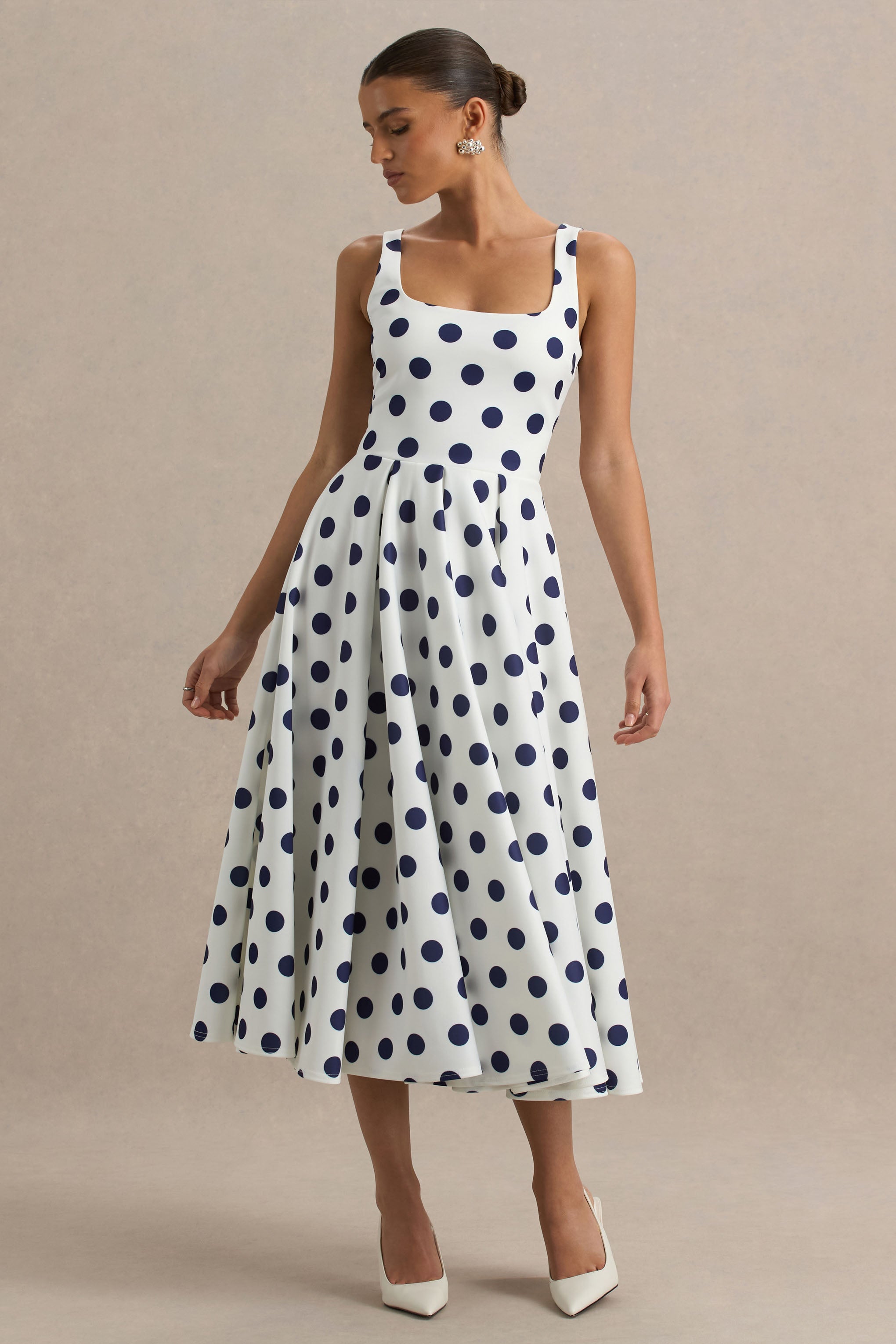 Berta | White And Navy Polka-Dot Square-Neck Midi Dress-Sowoom