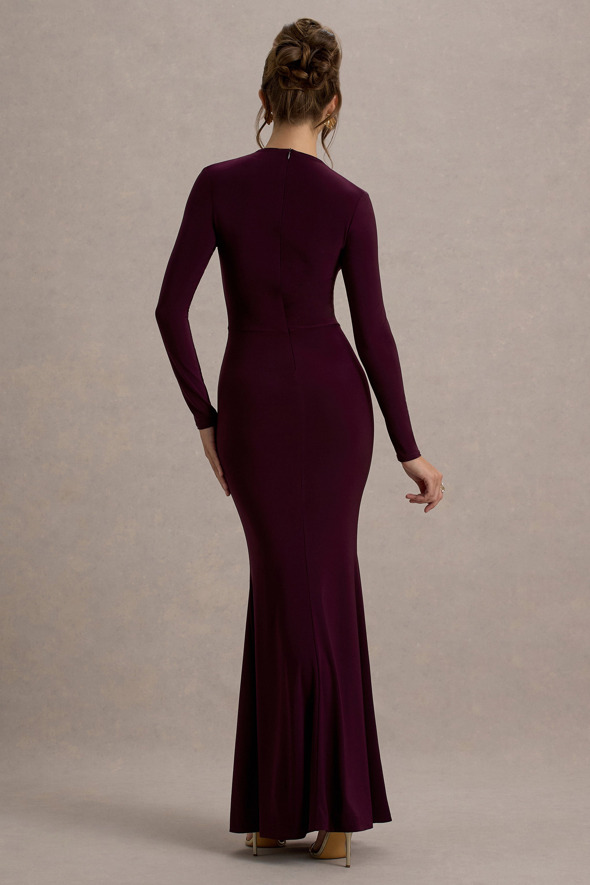 Reid | Plum Long-Sleeve Gathered Maxi Dress-Sowoom