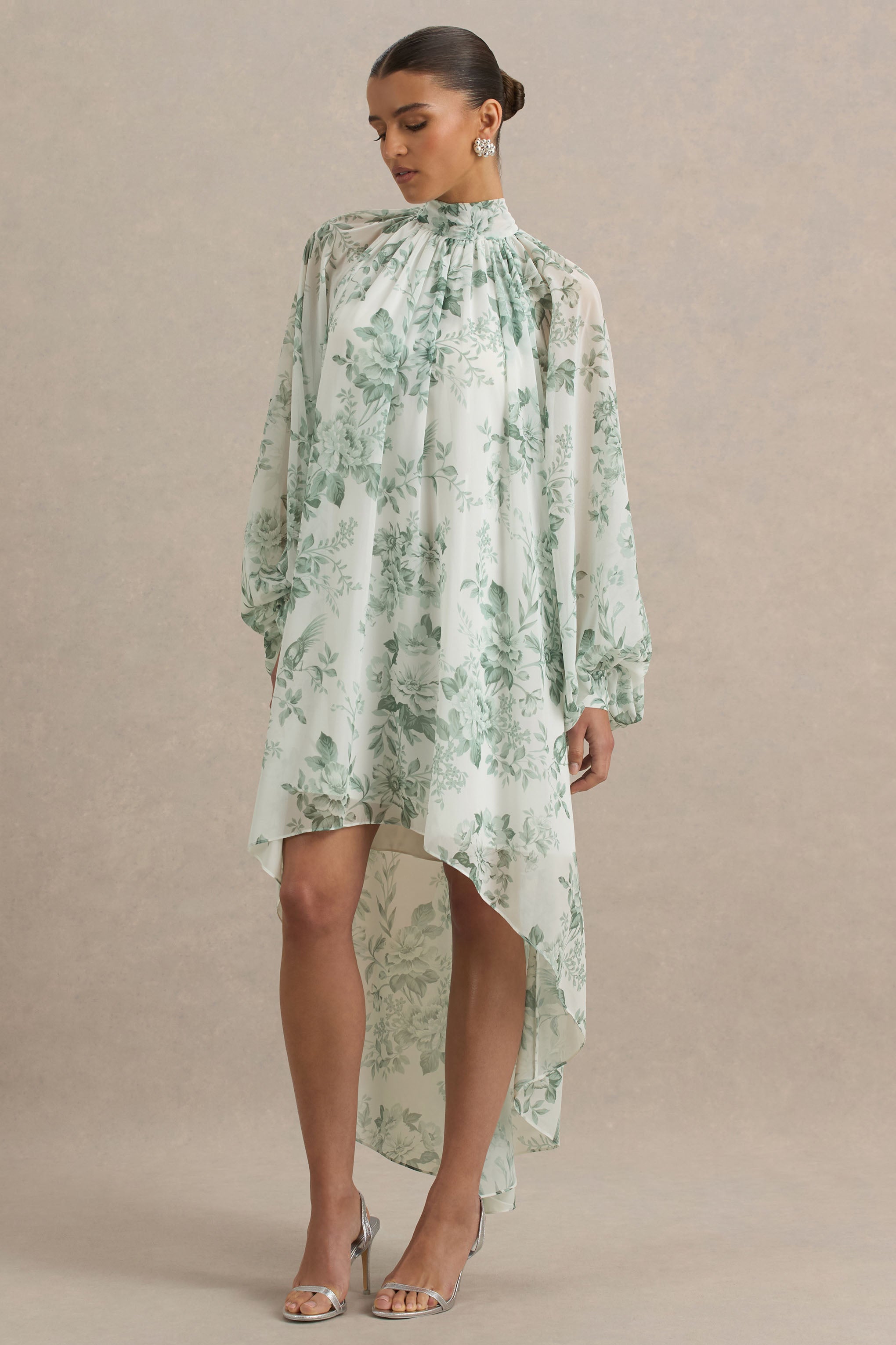 Delphia | Green Floral Print High-Neck Maxi Dress-Sowoom