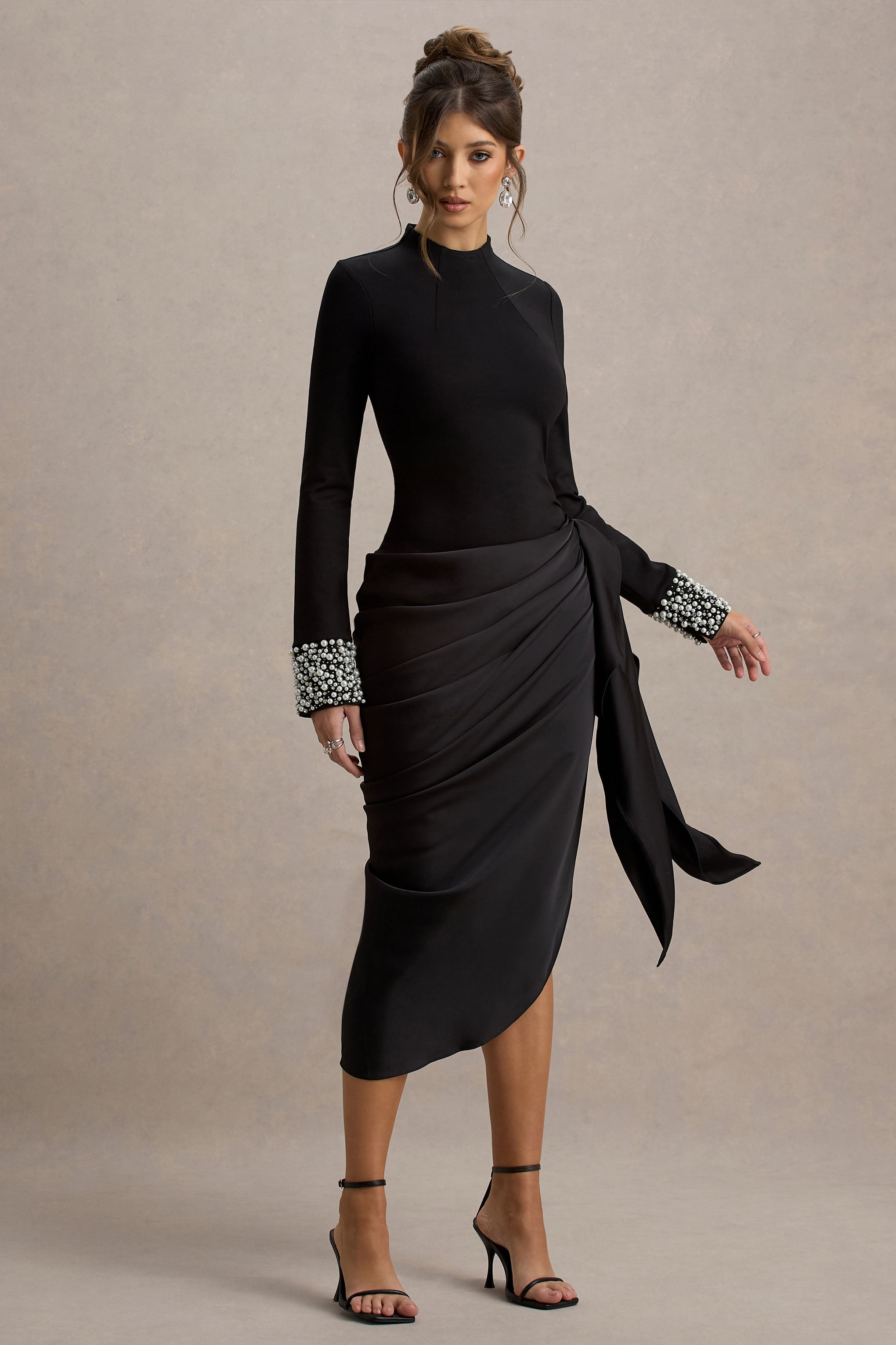 Luanna | Black Satin Long-Sleeve Midi Dress With Draped Skirt And Embellised Cuffs-Sowoom