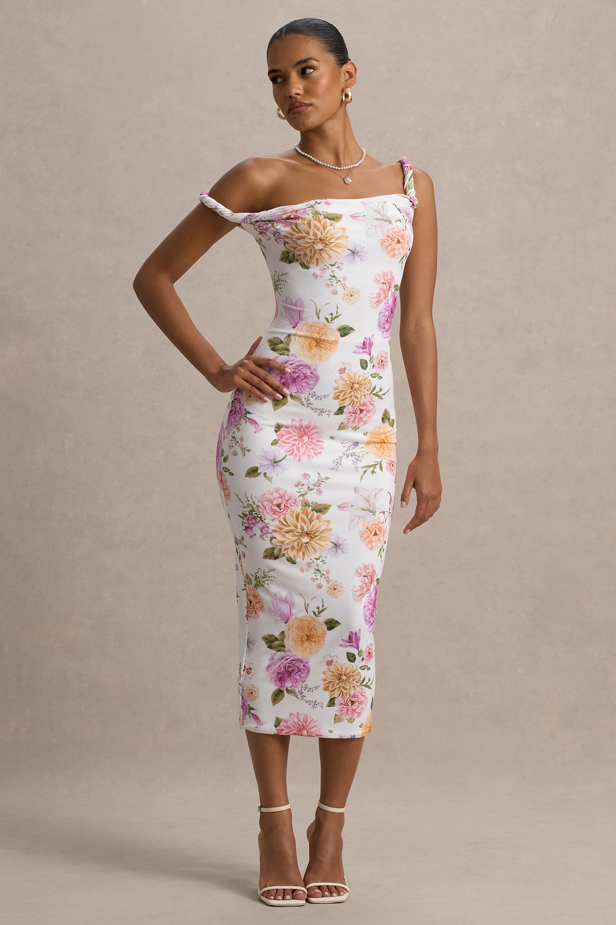 Nora | Peach And Lilac Floral Twisted Asymmetric Midi Dress-Sowoom
