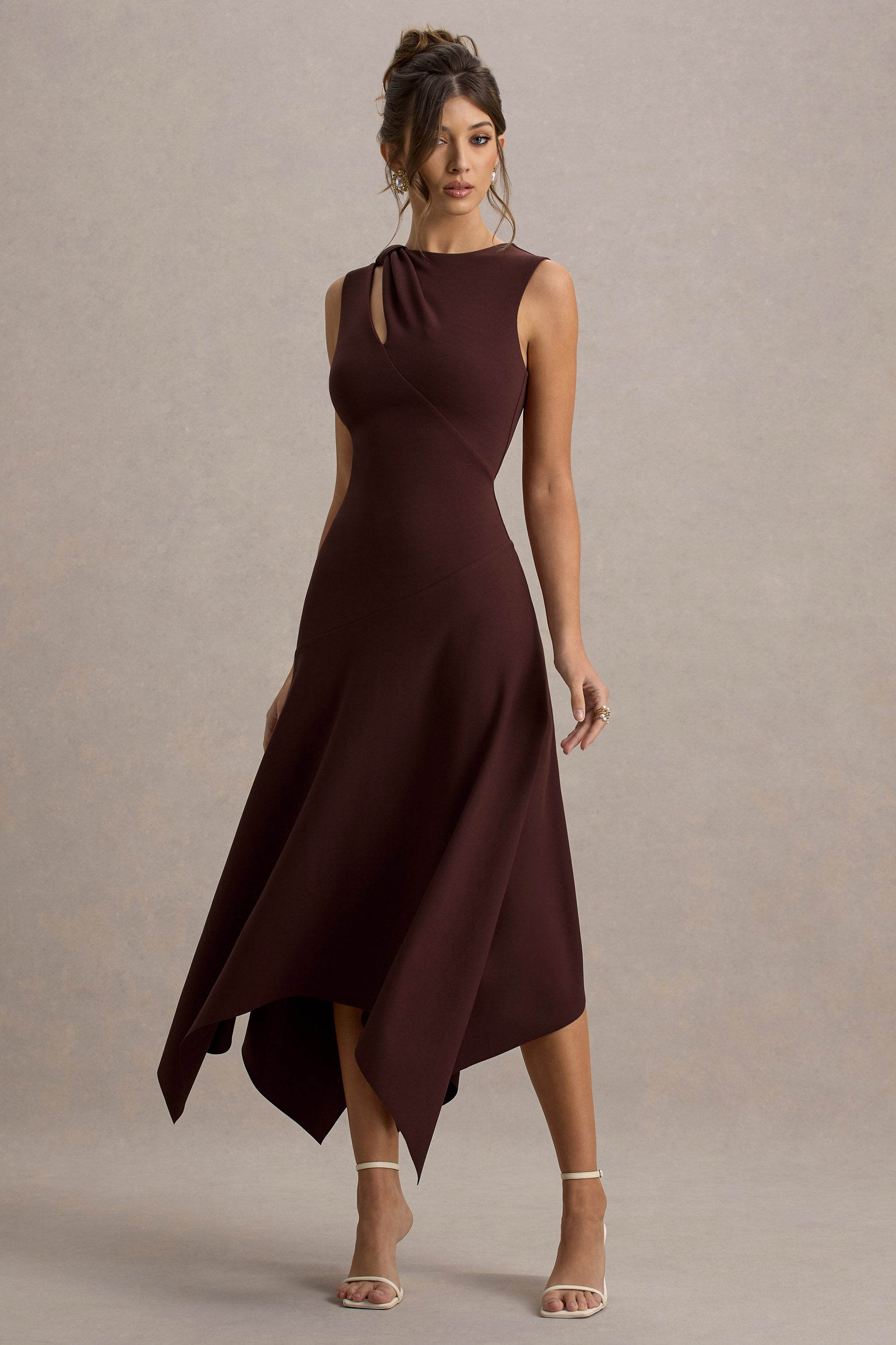 Francesca | Brown Knotted Midi Dress With Handkerchief Hem-Sowoom