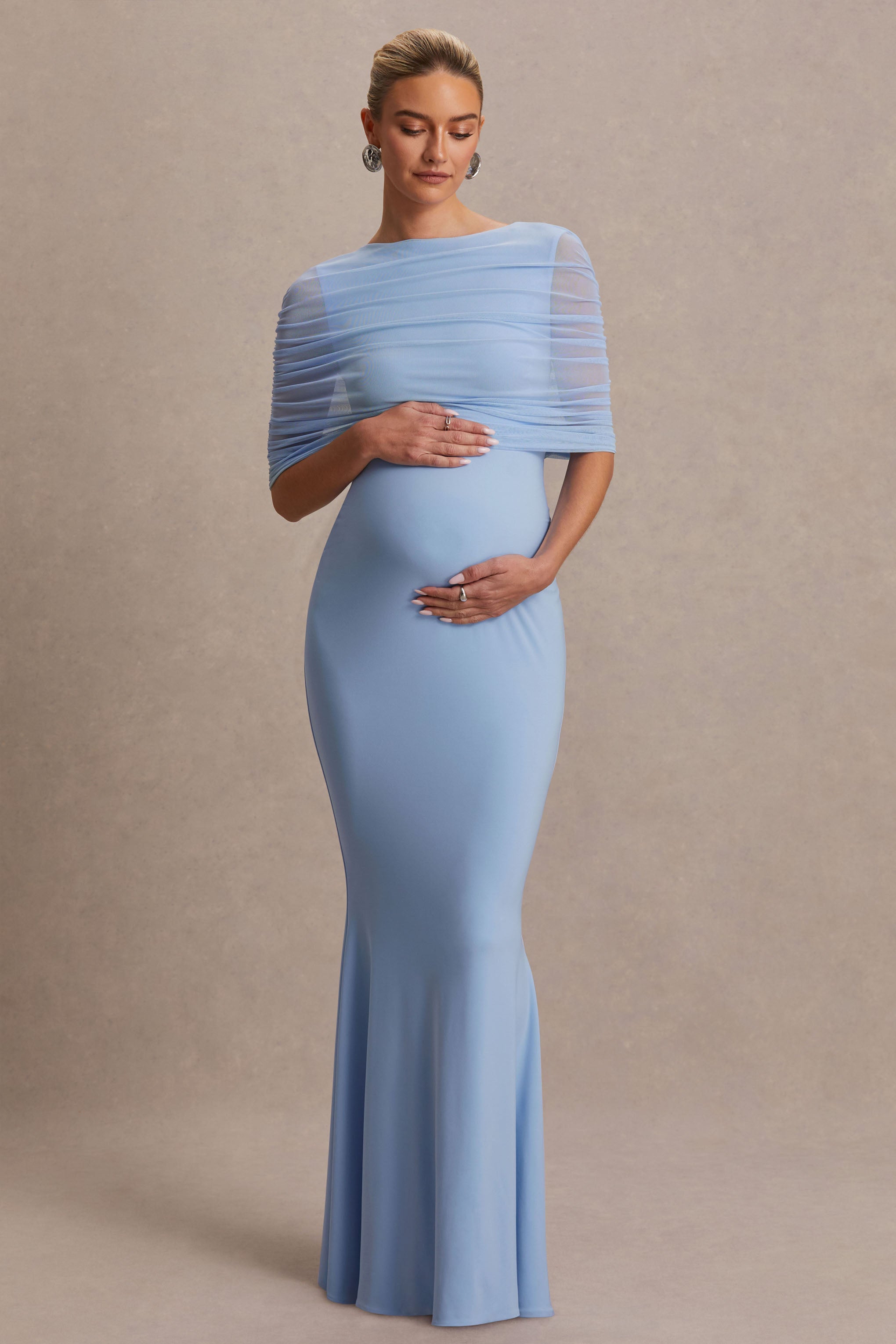 Zaria | Powder Blue Crew-Neck Maternity Maxi Dress With Cape-Overlay-Sowoom