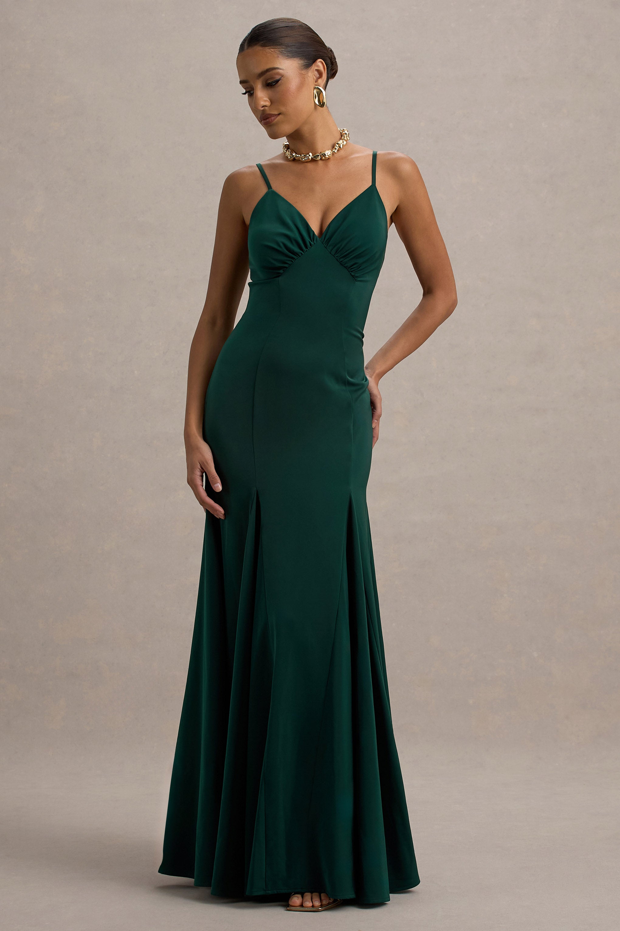 Ashly | Bottle Green Satin Maxi Dress With Volume Hem-Sowoom