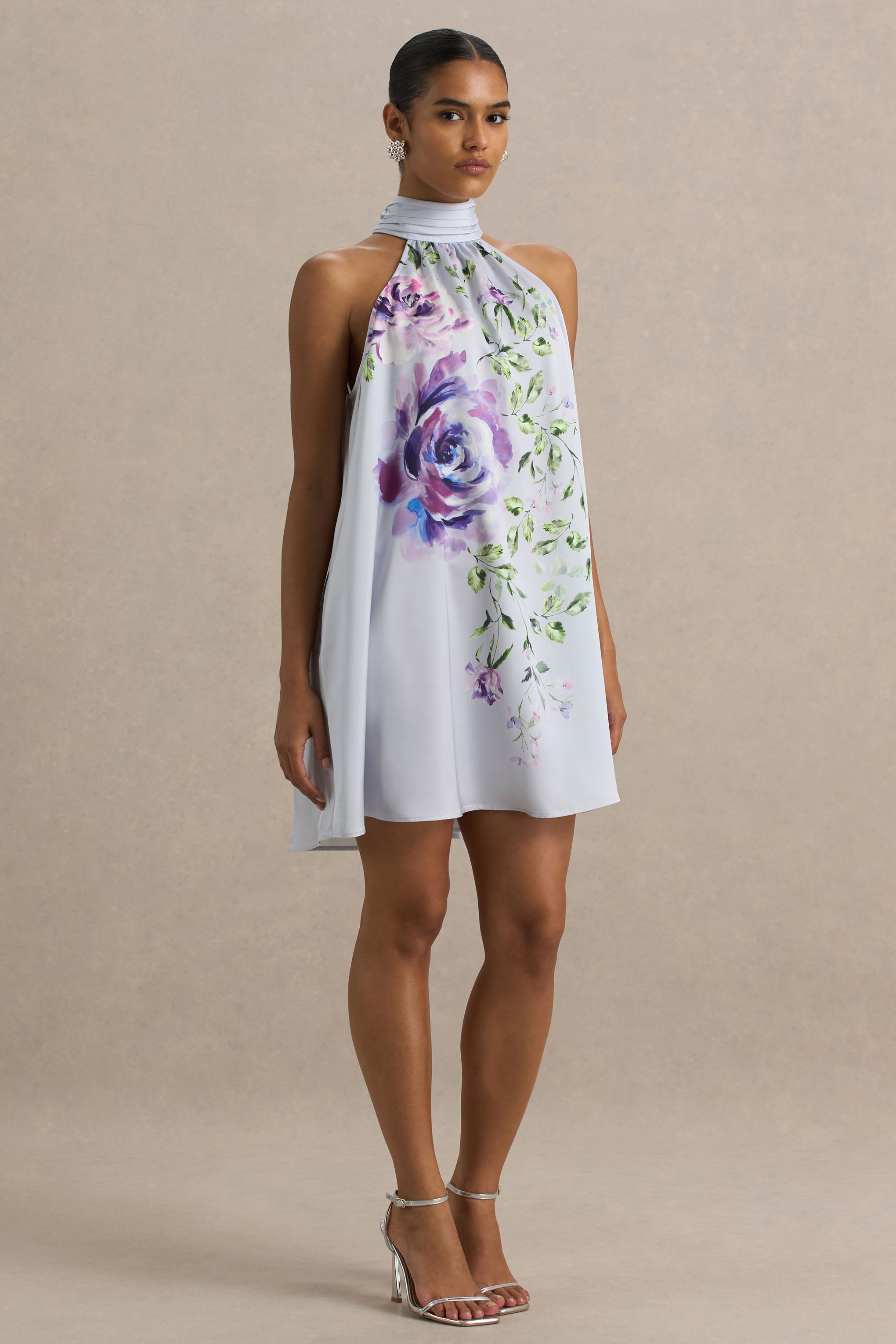 Evita | Powder Blue Rose Print High-Neck A-Line Mini Dress With Bow-Sowoom
