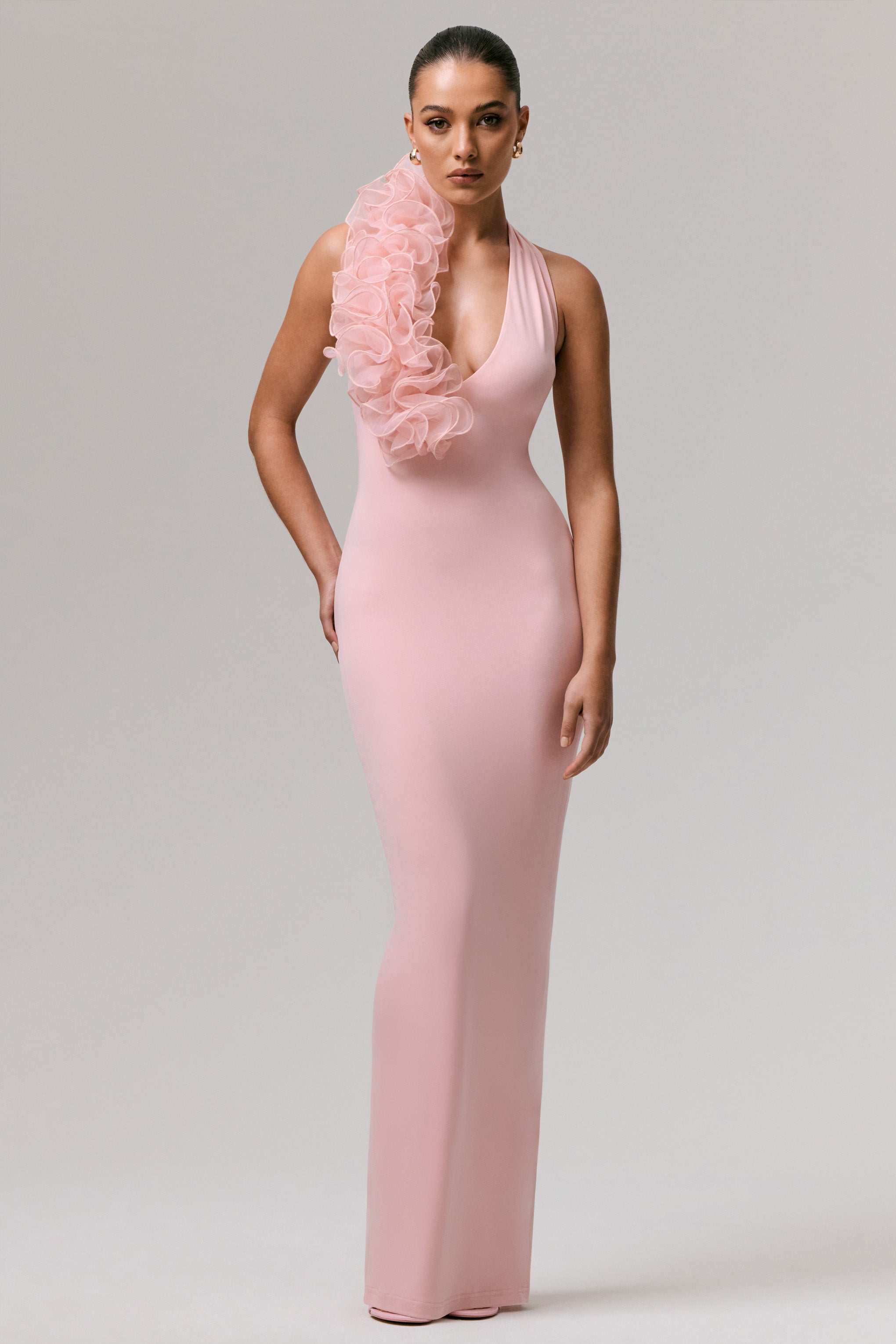 Harriet | Pink Plunge-Neck Maxi Dress With Floral Detail-Sowoom