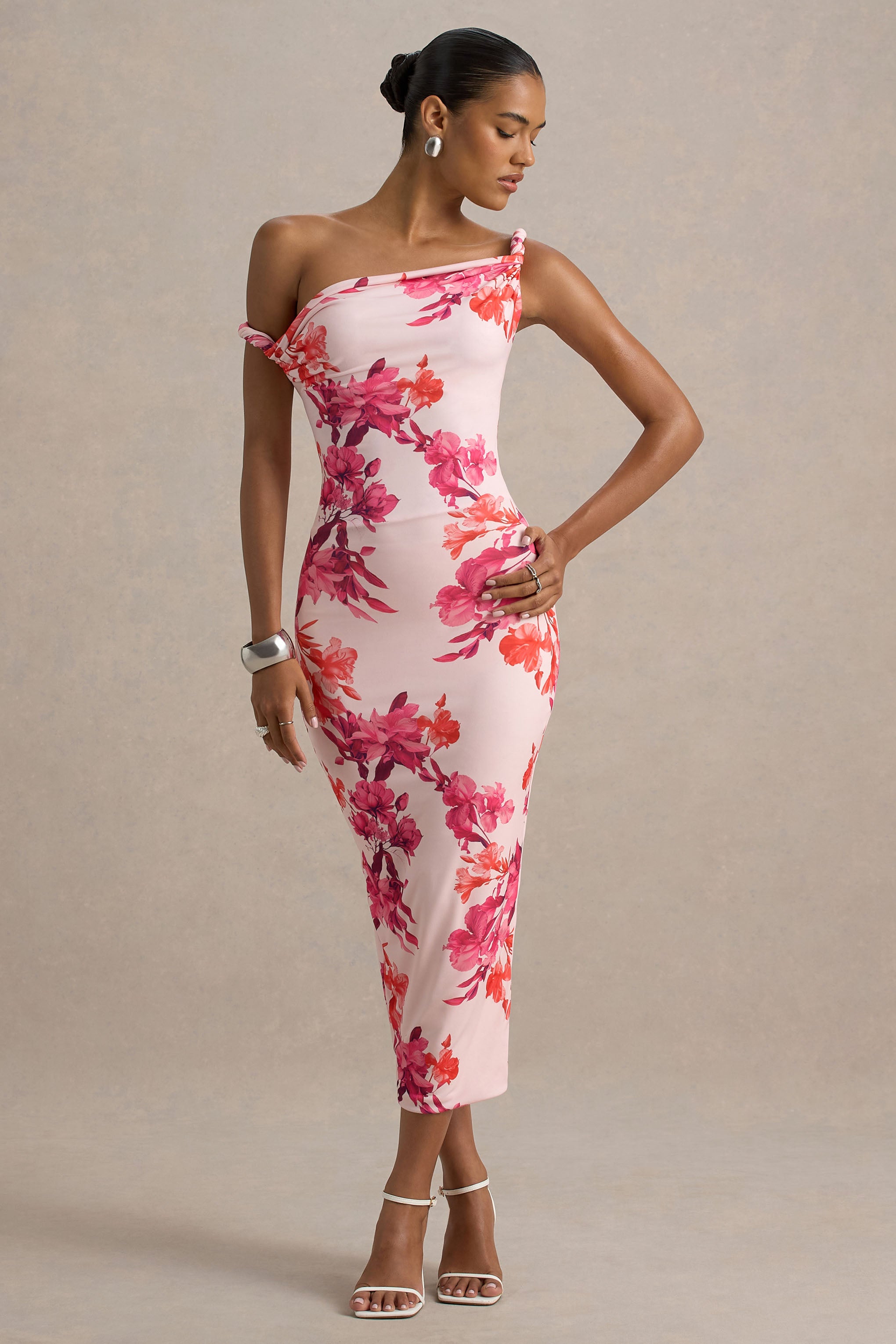 Tatian | Pink and Orange Floral Print Twisted Asymmetric Midi Dress-Sowoom