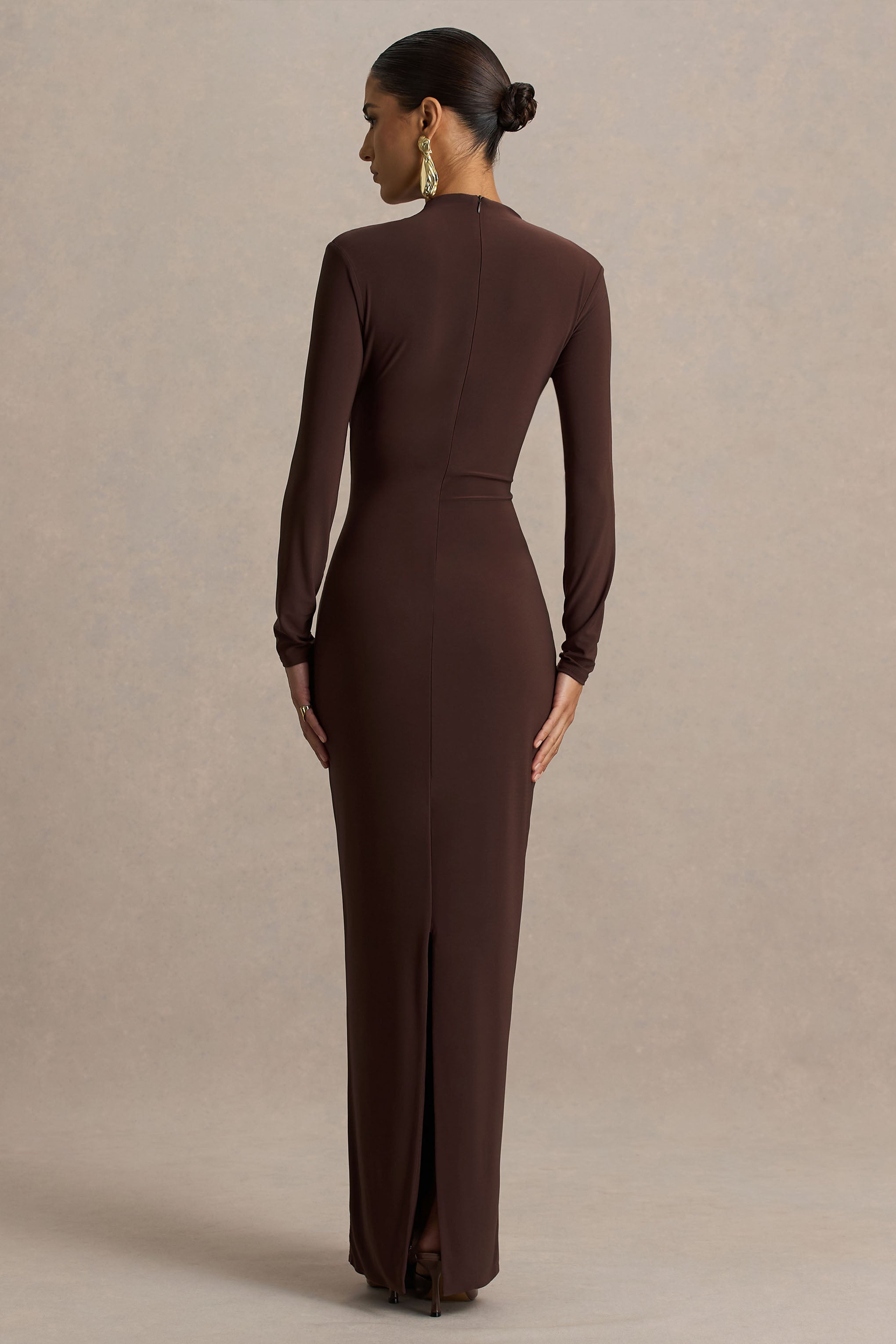 Zadie | Brown High-Neck Maxi Dress With Gathered-Detail-Sowoom
