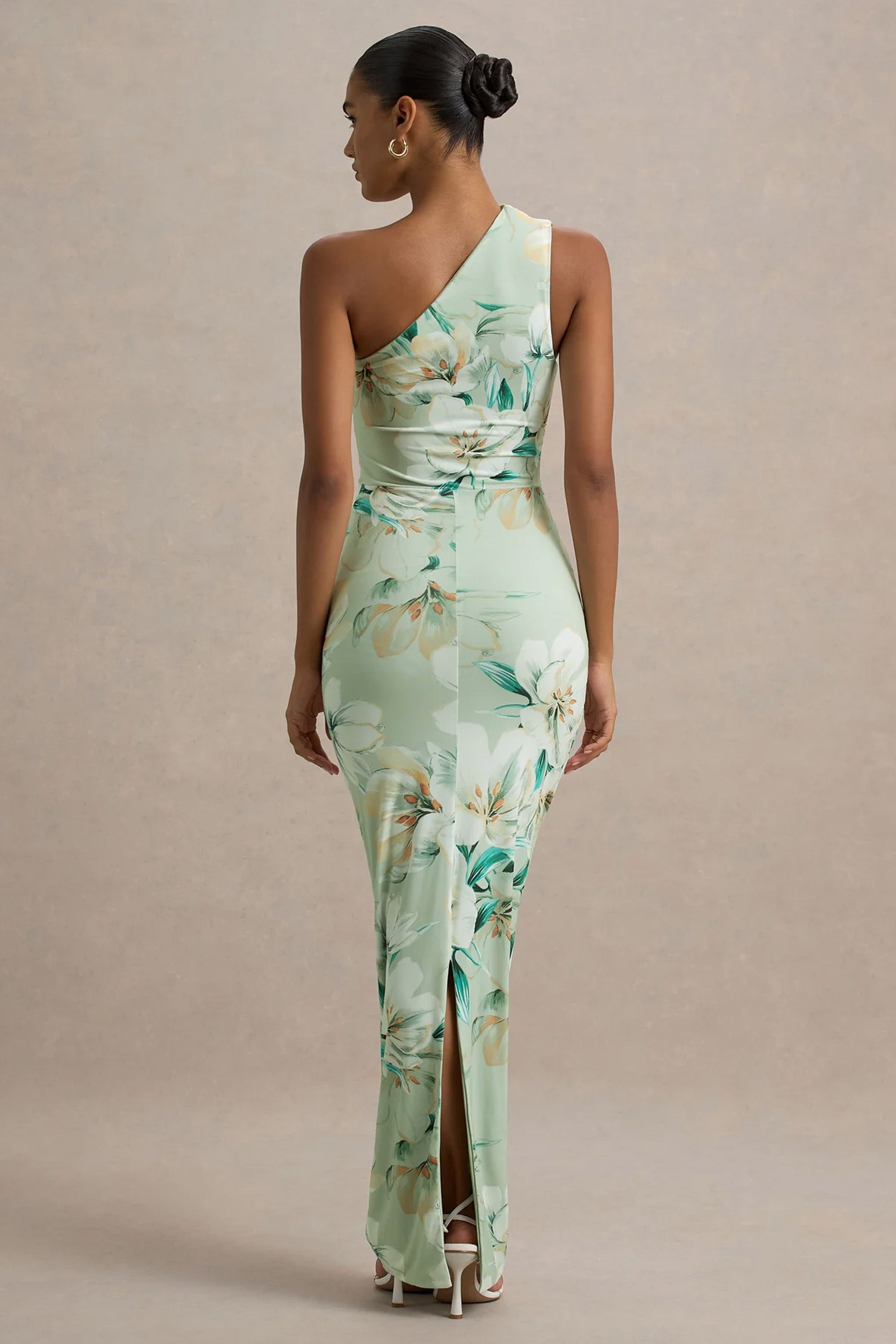 Dalarie | Green Floral Print One-Shoulder Gathered Maxi Dress-Sowoom