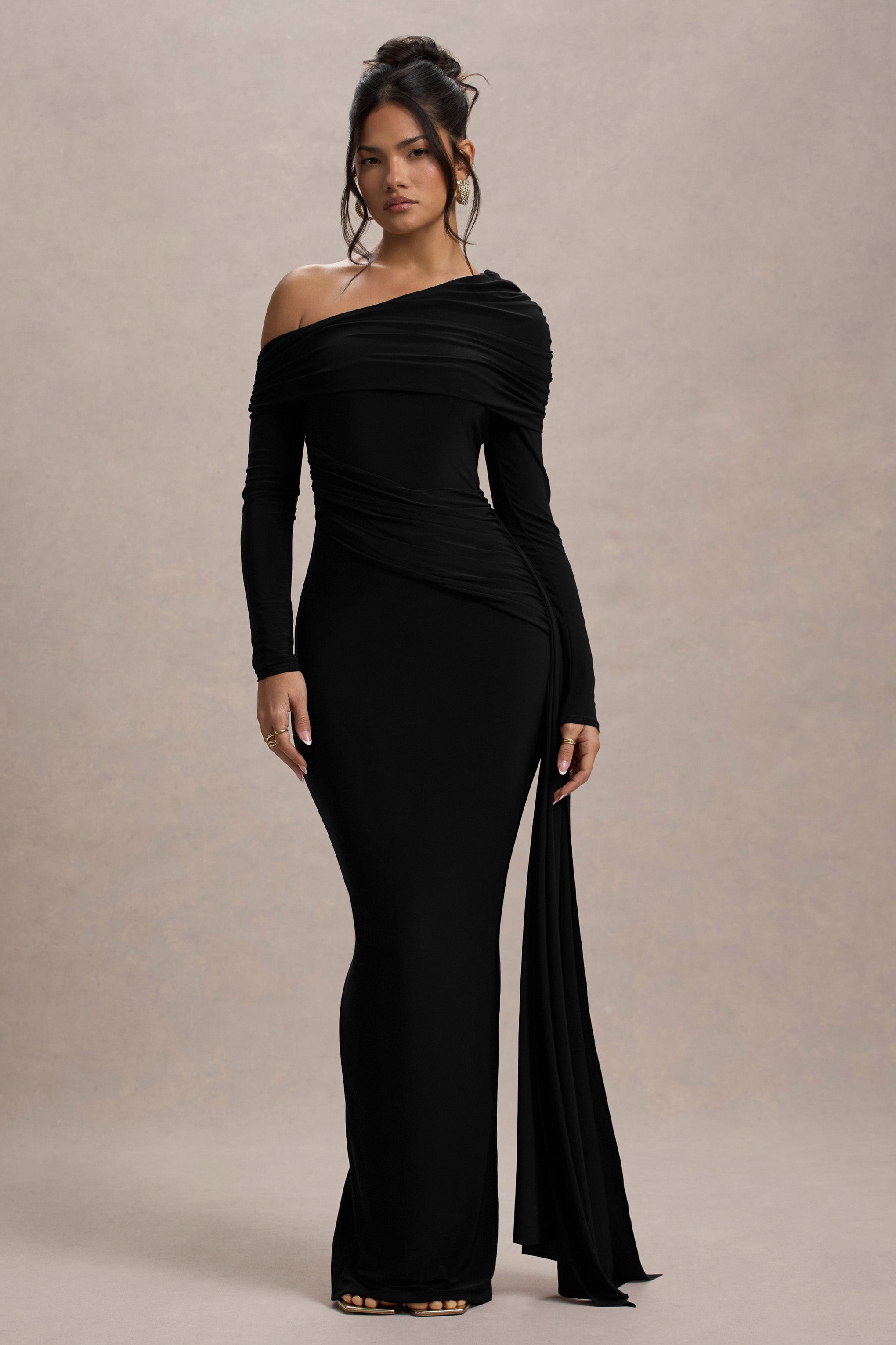 Valina | Black Ruched Asymmetric Maxi Dress With Drape-Sowoom