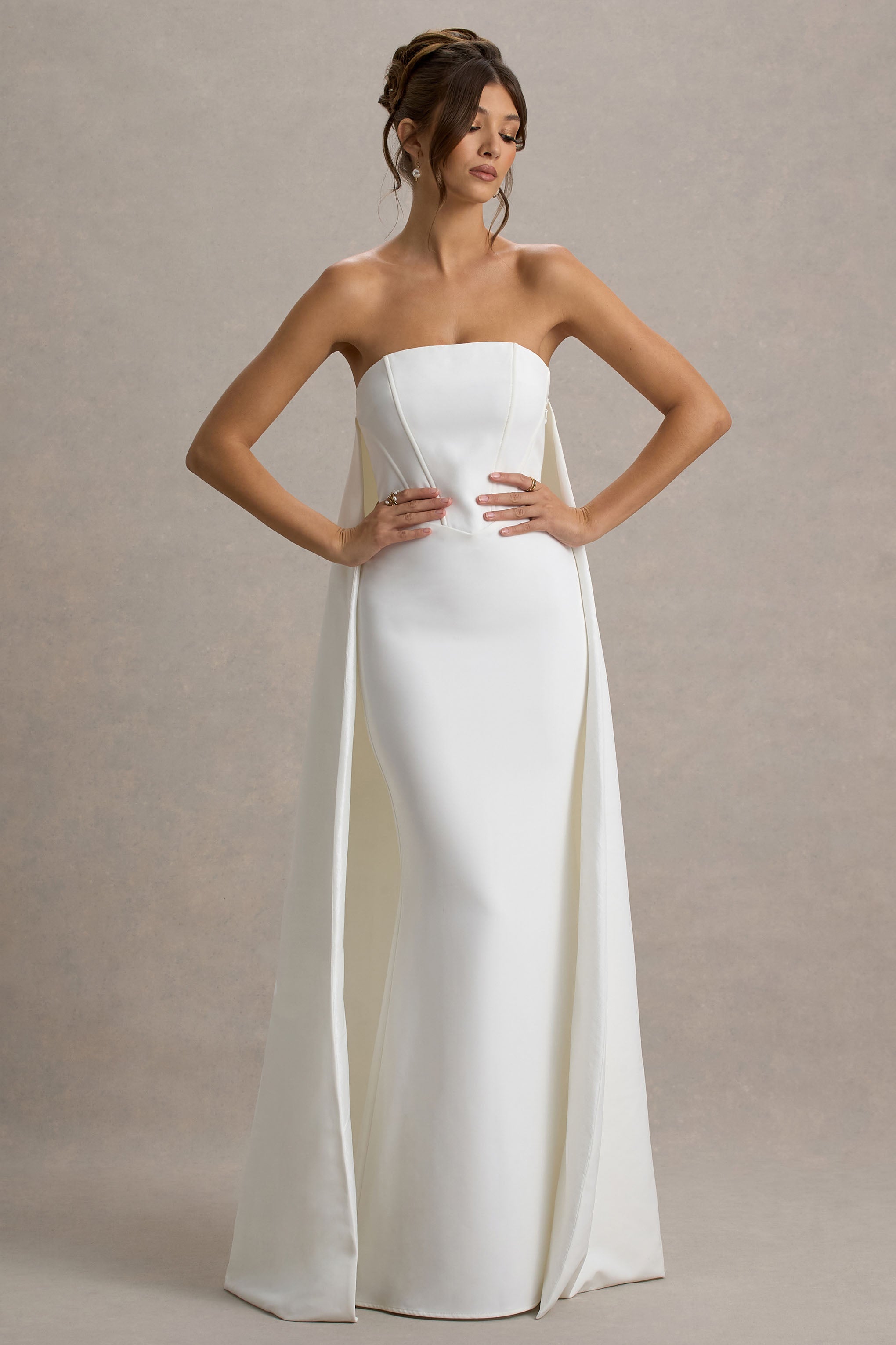 She's Trouble | White Bandeau Maxi Dress With Cape-Sowoom