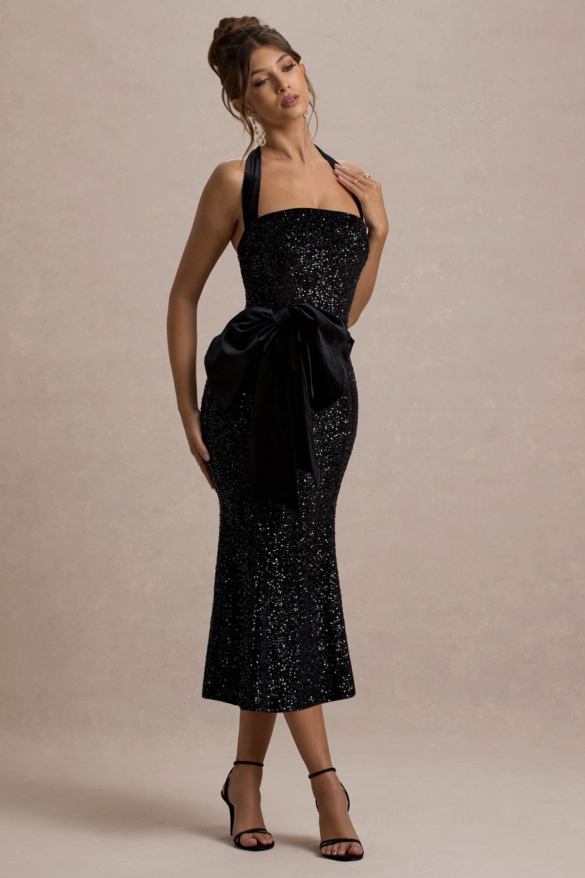 Adee | Black Sequin Velvet Halter-Neck Midi Dress With Bow-Sowoom