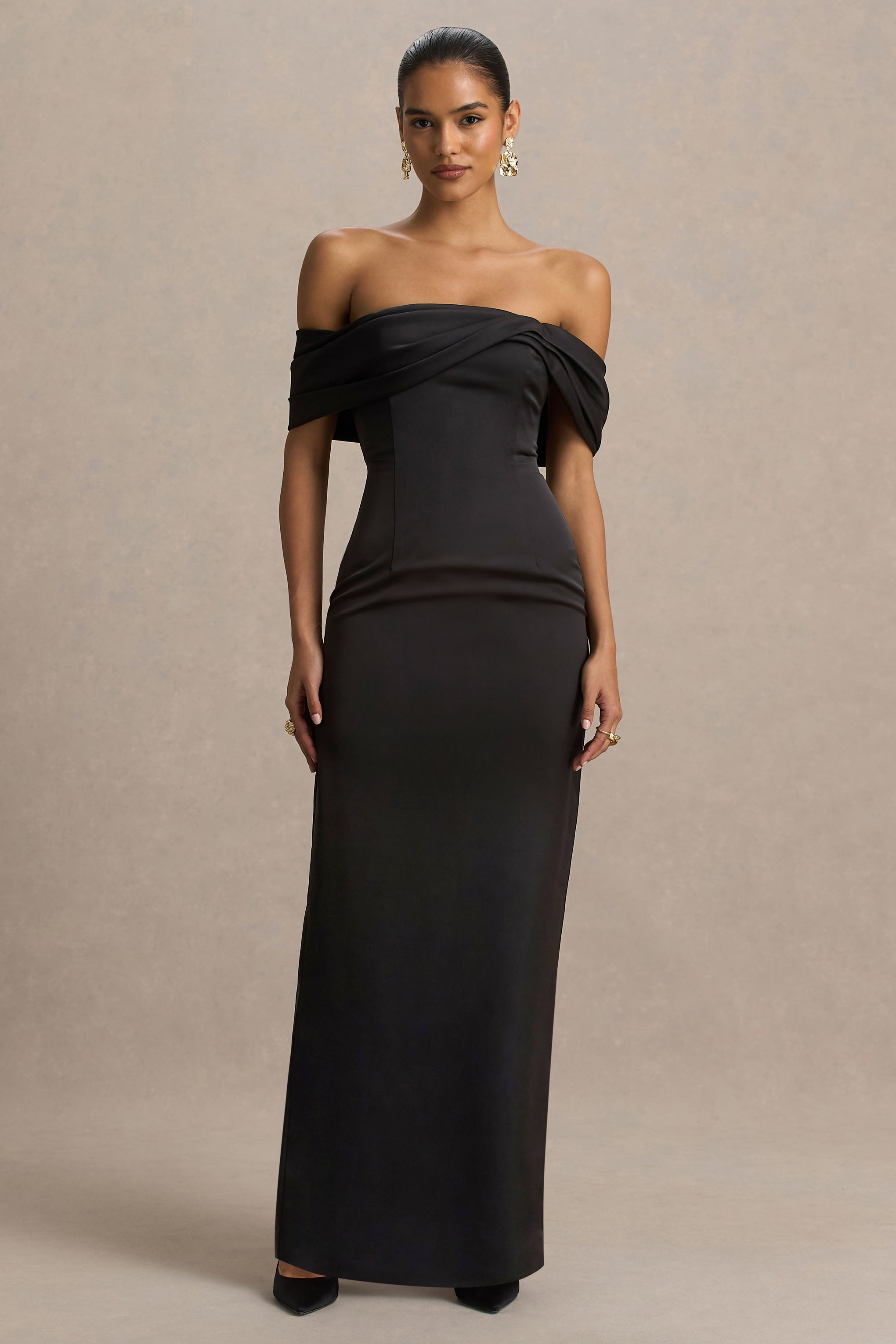 Valeria | Black Satin Twist-Bardot Neck Maxi Dress-Sowoom